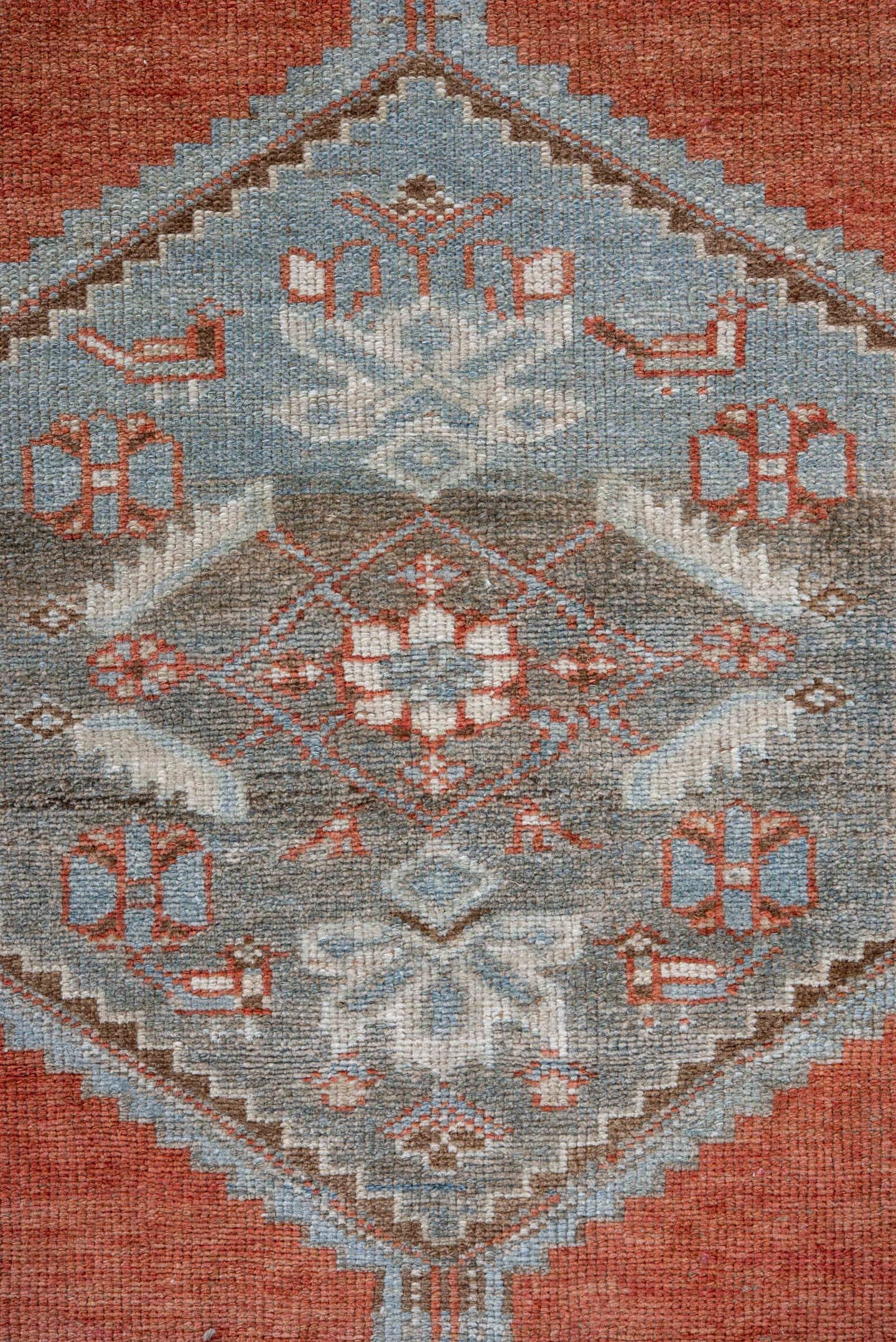 3' x 6' one-of-a-kind handmade vintage Malayer small size rug. Color palette: terra cotta, ivory, sky blue, taupe, rust