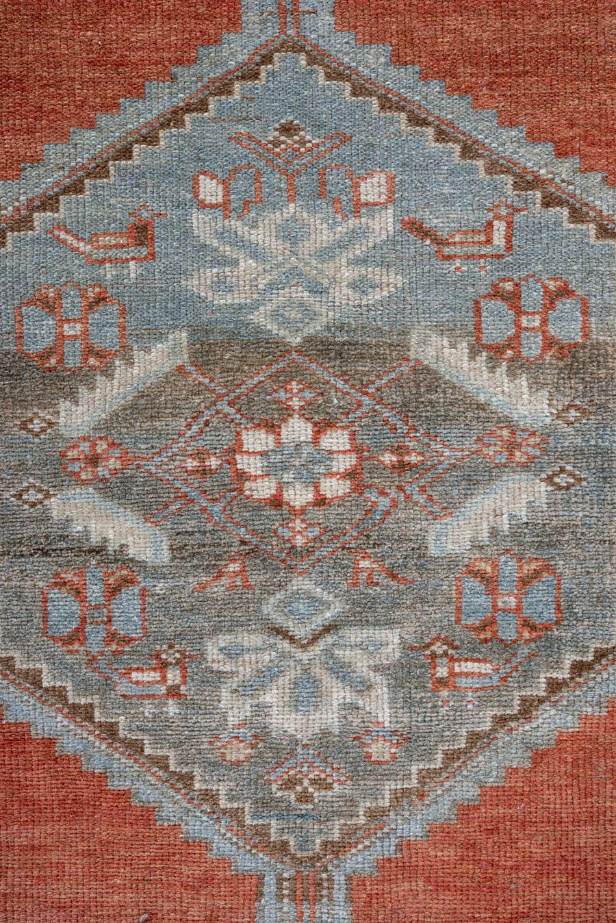 3' x 6' one-of-a-kind handmade vintage Malayer small size rug. Color palette: terra cotta, ivory, sky blue, taupe, rust