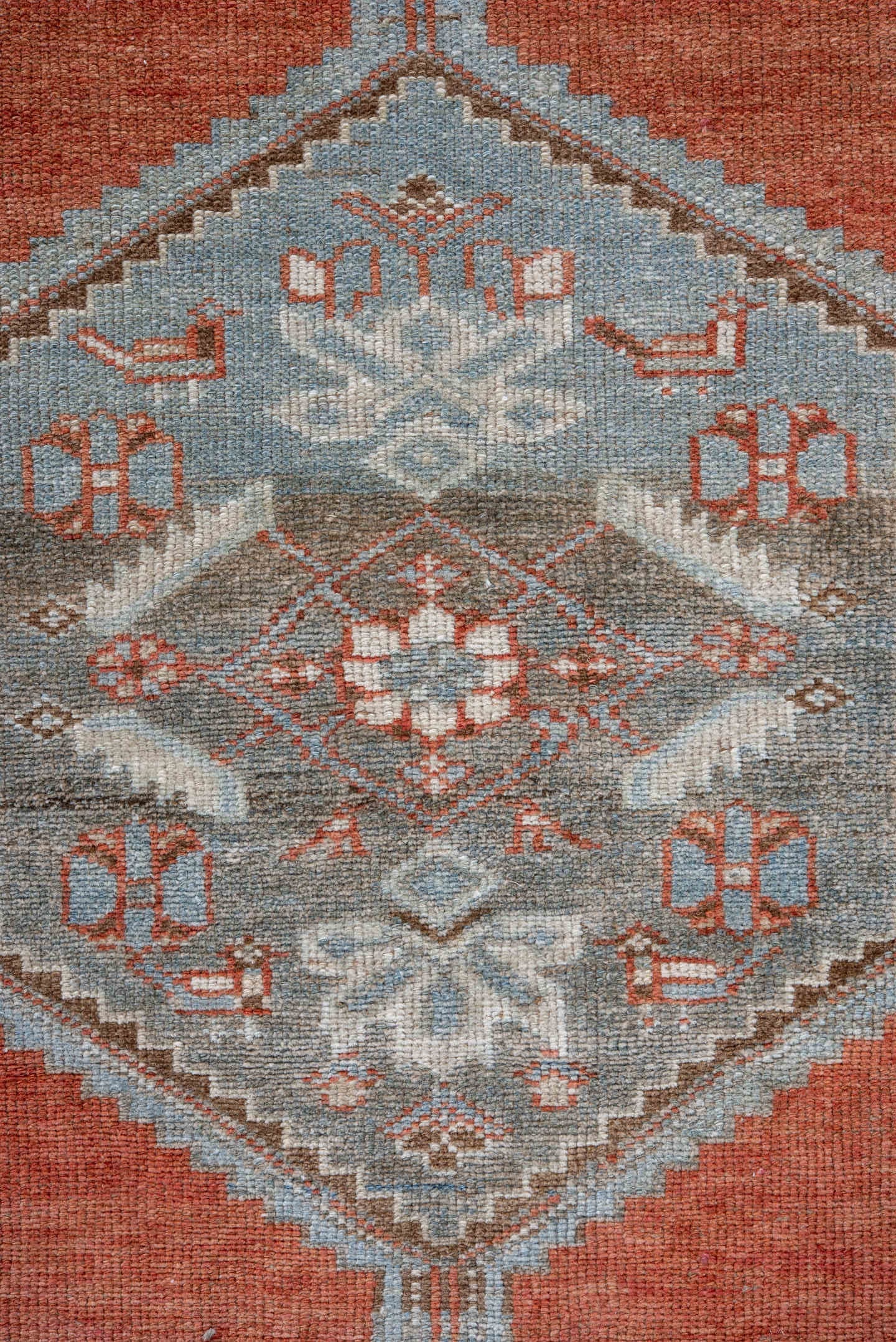 3' x 6' one-of-a-kind handmade vintage Malayer small size rug. Color palette: terra cotta, ivory, sky blue, taupe, rust