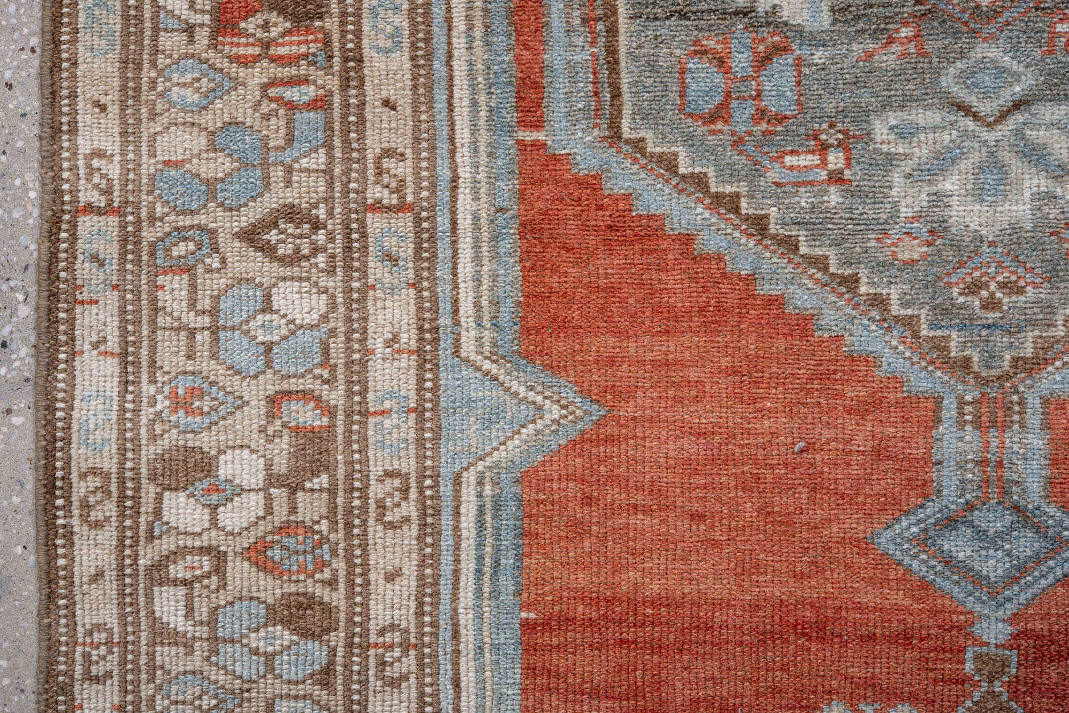 3' x 6' one-of-a-kind handmade vintage Malayer small size rug. Color palette: terra cotta, ivory, sky blue, taupe, rust