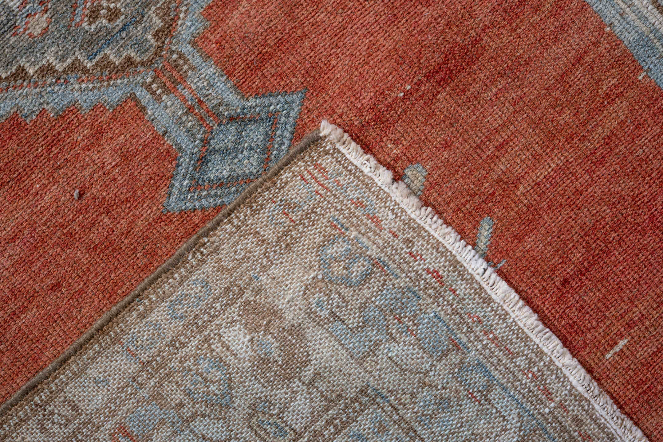 3' x 6' one-of-a-kind handmade vintage Malayer small size rug. Color palette: terra cotta, ivory, sky blue, taupe, rust