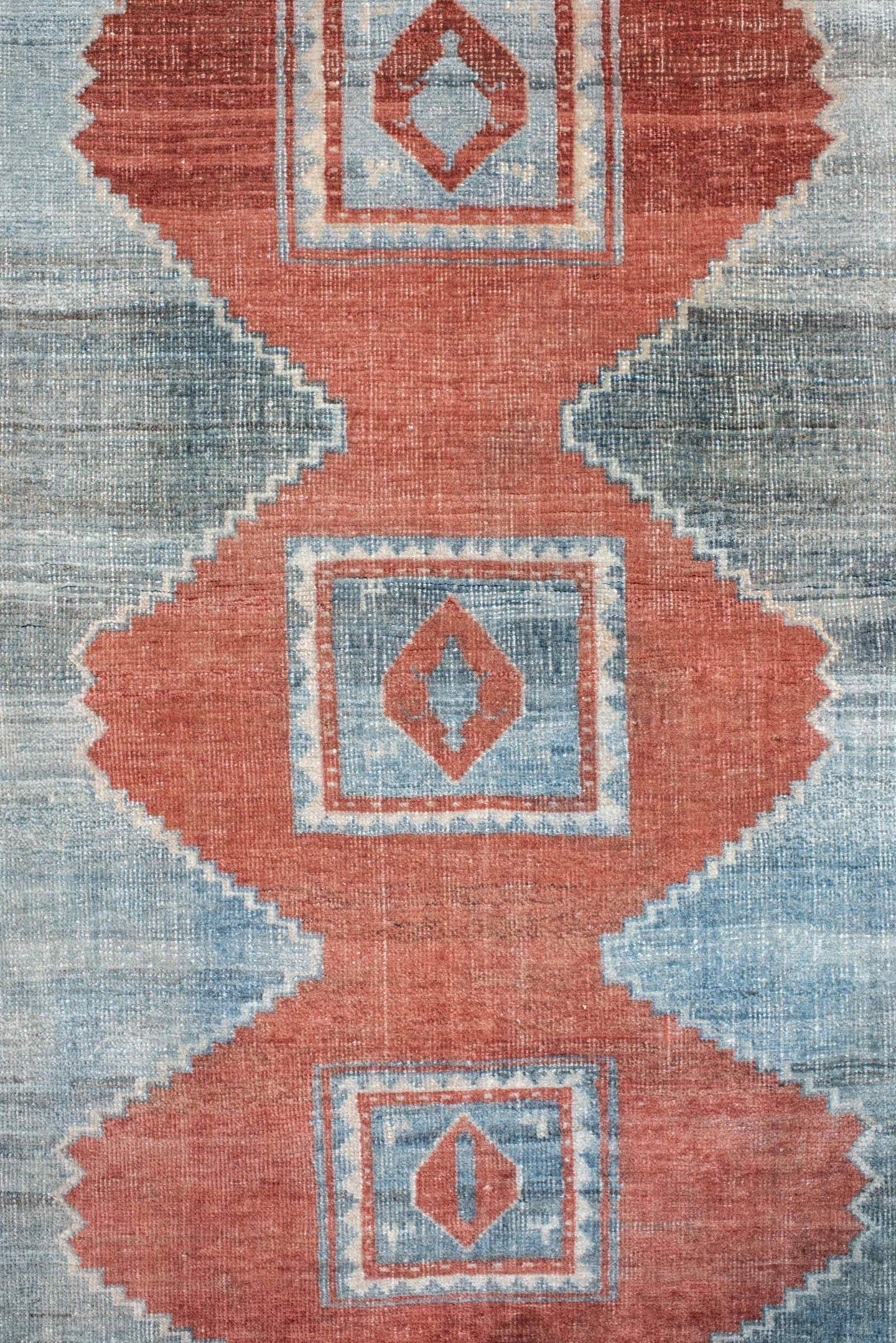 3' x 4' one-of-a-kind handmade vintage Afshar small size rug. Color palette: sky blue, ivory, rust, slate, terra cotta