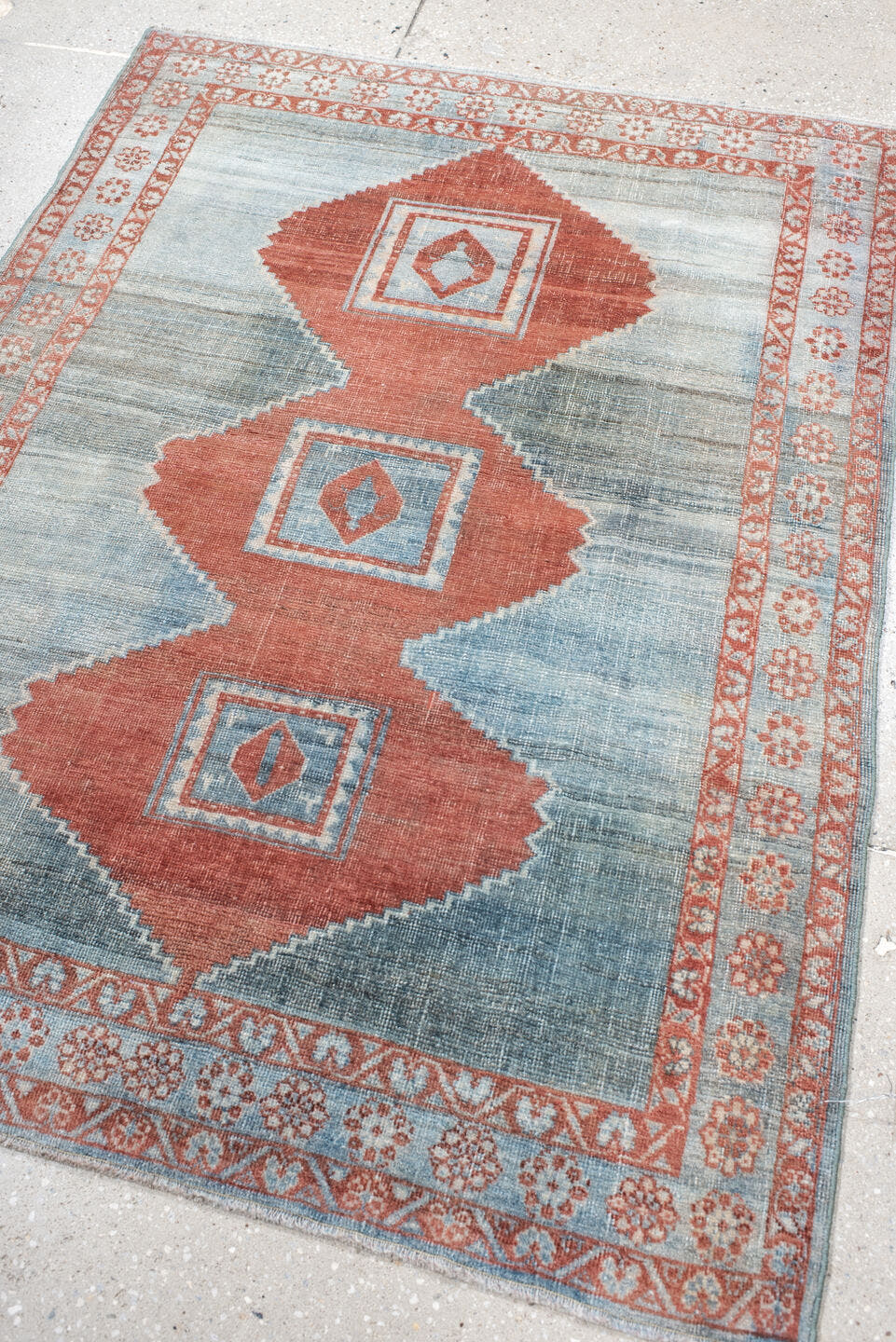 3' x 4' one-of-a-kind handmade vintage Afshar small size rug. Color palette: sky blue, ivory, rust, slate, terra cotta