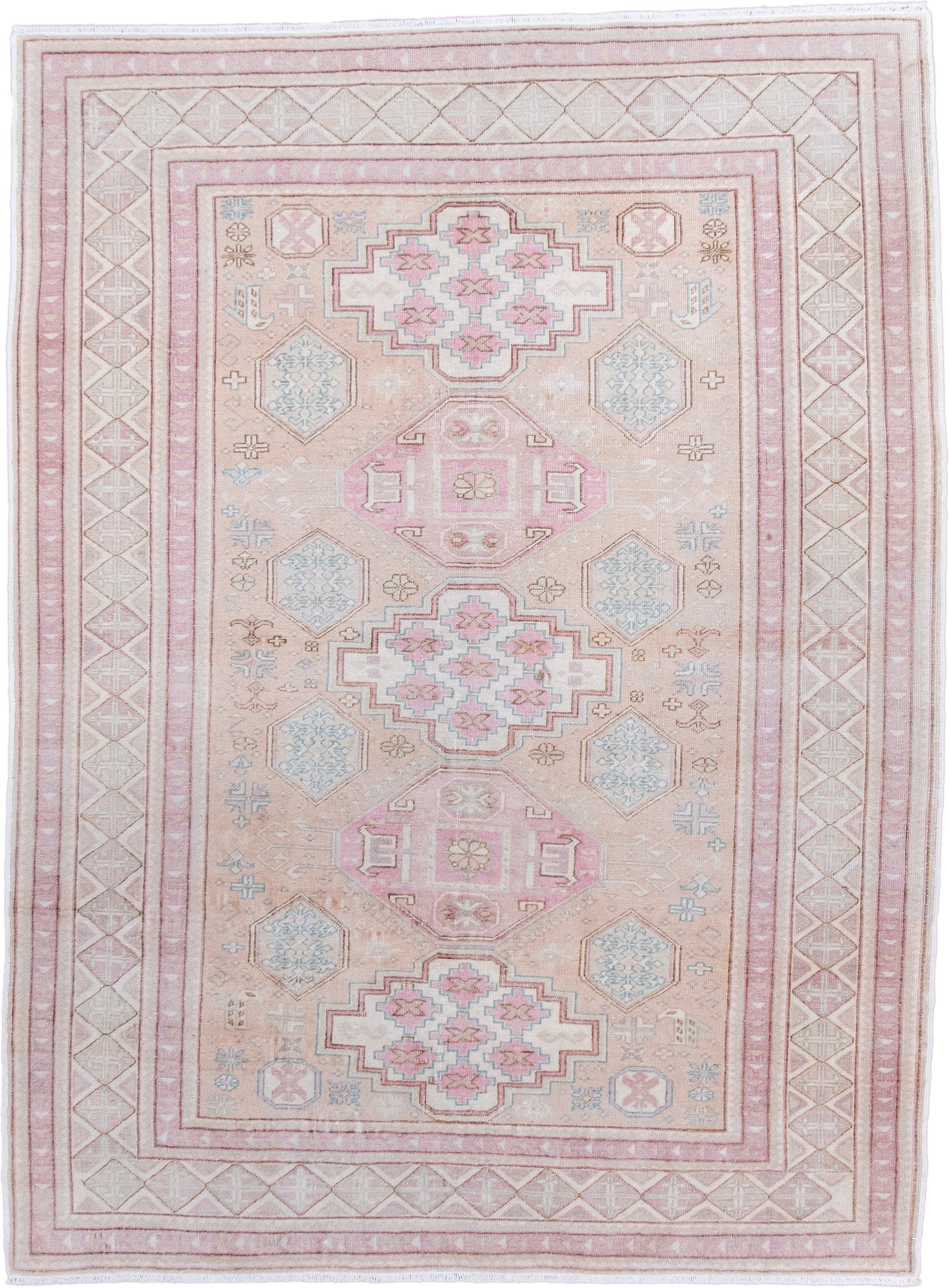 4' x 5' one-of-a-kind handmade antique Sivas small size rug. Color palette: blush, ivory, pale blue, taupe, cream, rose