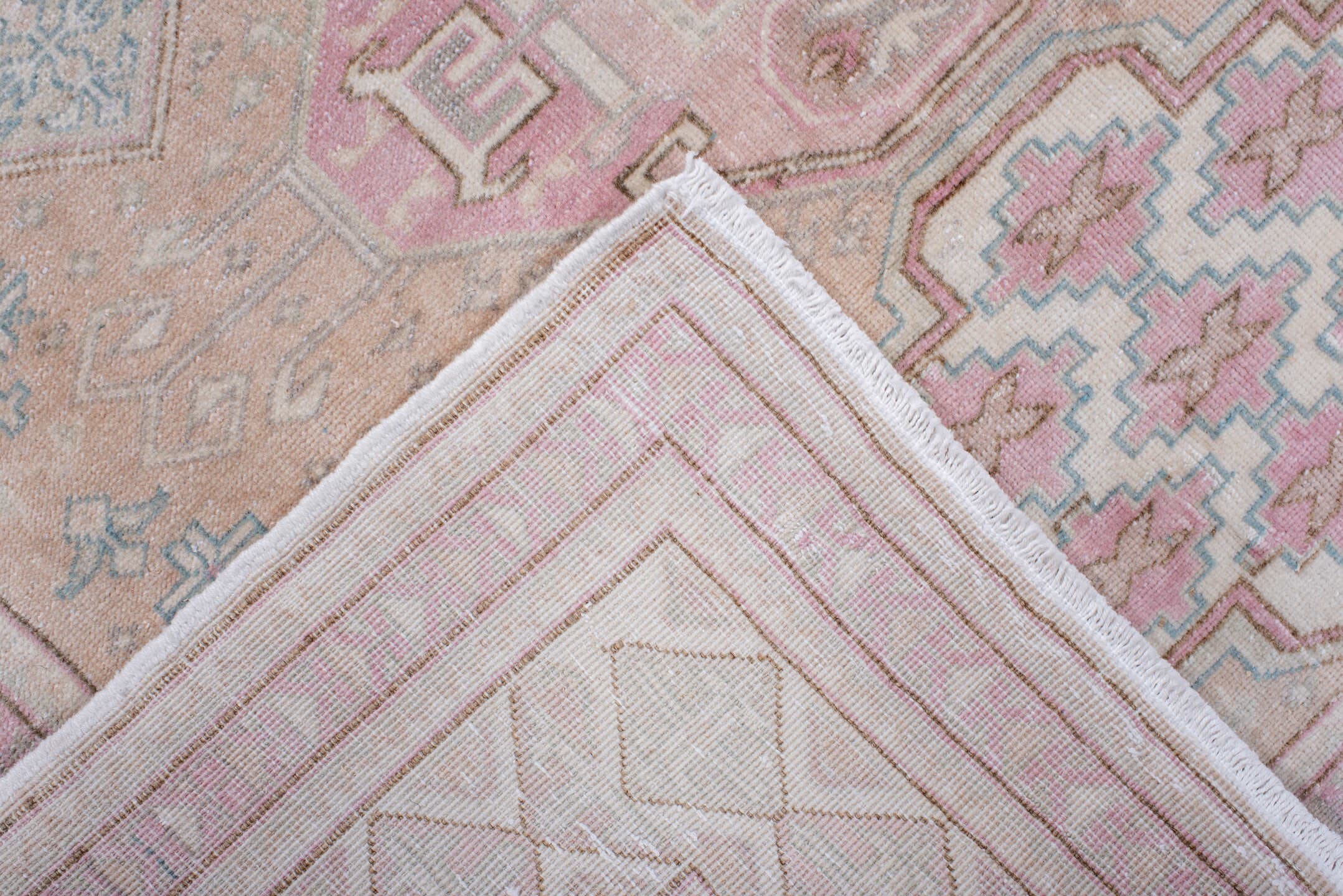 4' x 5' one-of-a-kind handmade antique Sivas small size rug. Color palette: blush, ivory, pale blue, taupe, cream, rose