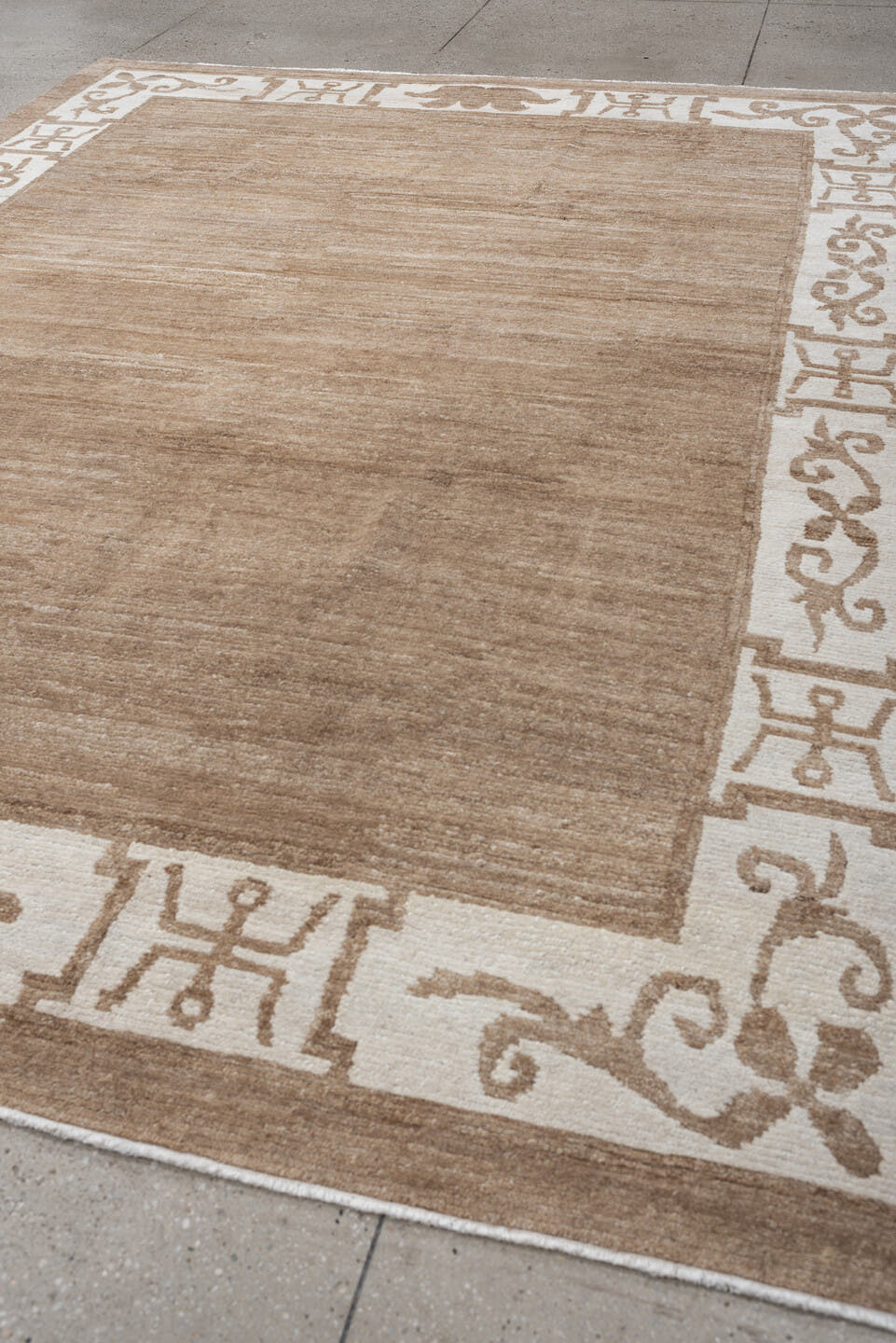 8' x 10' one-of-a-kind handmade vintage Tibetan large size rug. Color palette: camel, ivory, taupe, beige, gray