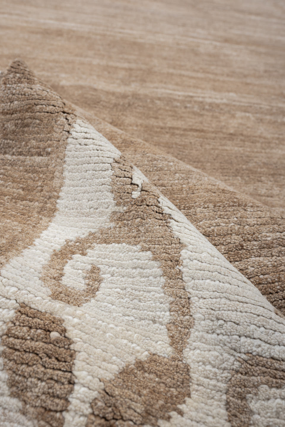 8' x 10' one-of-a-kind handmade vintage Tibetan large size rug. Color palette: camel, ivory, taupe, beige, gray