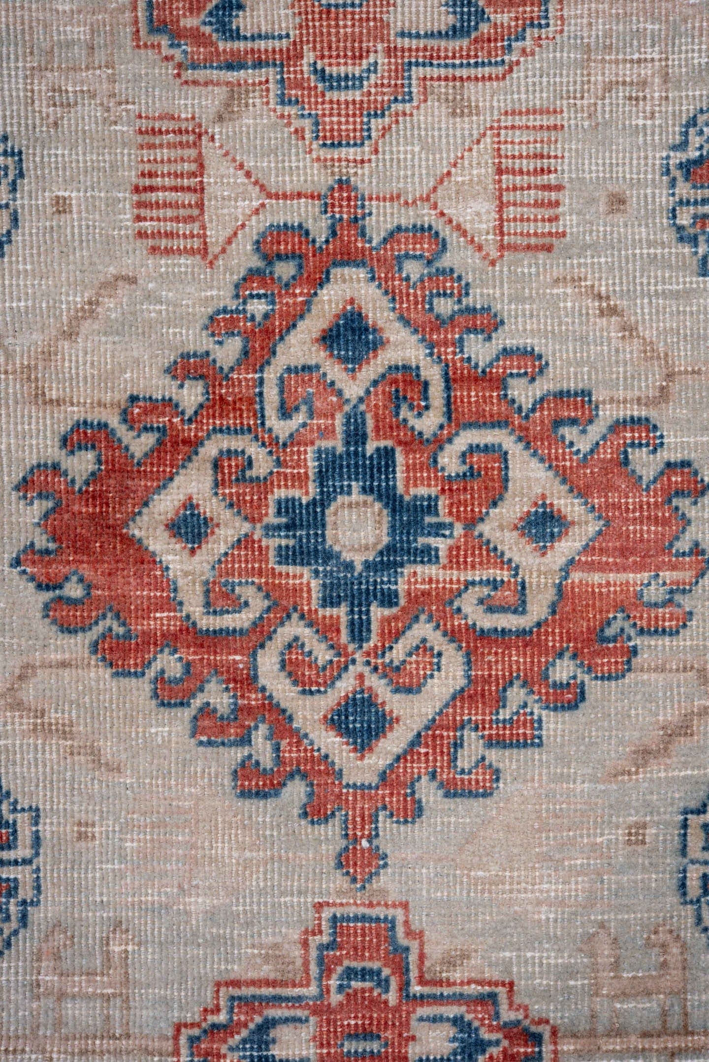 6' x 10' one-of-a-kind handmade vintage Veece large size rug. Color palette: terra cotta, sky blue, ivory, navy, coral