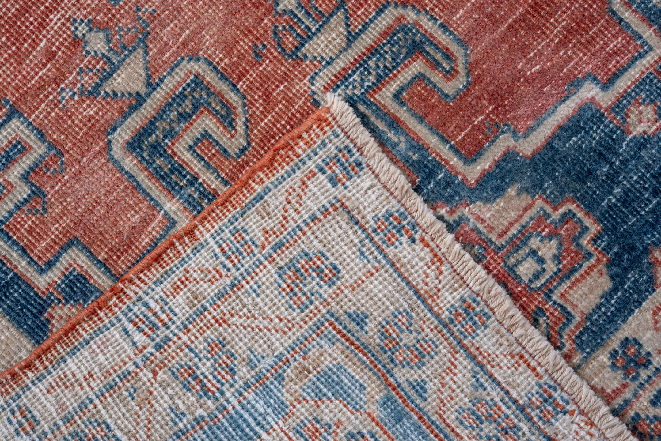 6' x 10' one-of-a-kind handmade vintage Veece large size rug. Color palette: terra cotta, sky blue, ivory, navy, coral