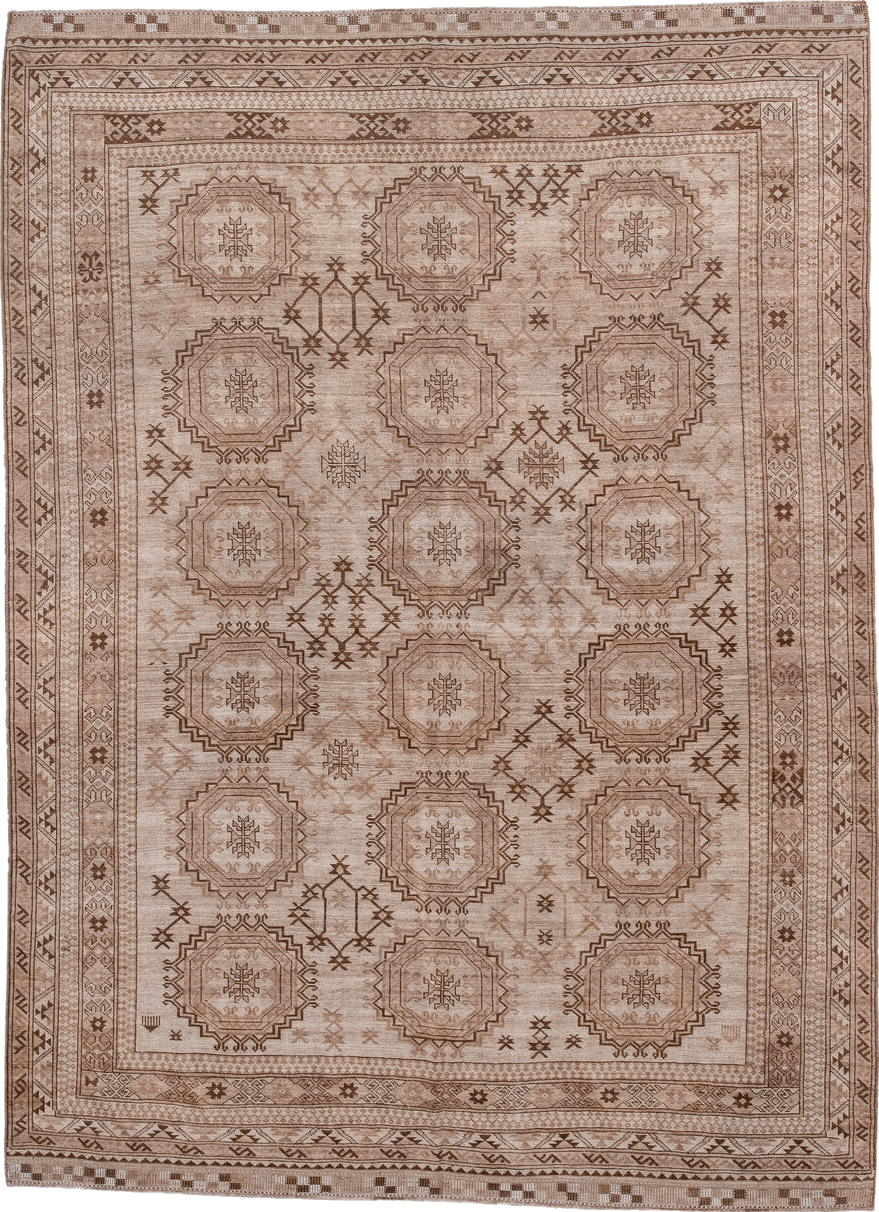 7' x 10' one-of-a-kind handmade vintage Afghan large size rug. Color palette: brown, gray, light gray, linen, misty rose