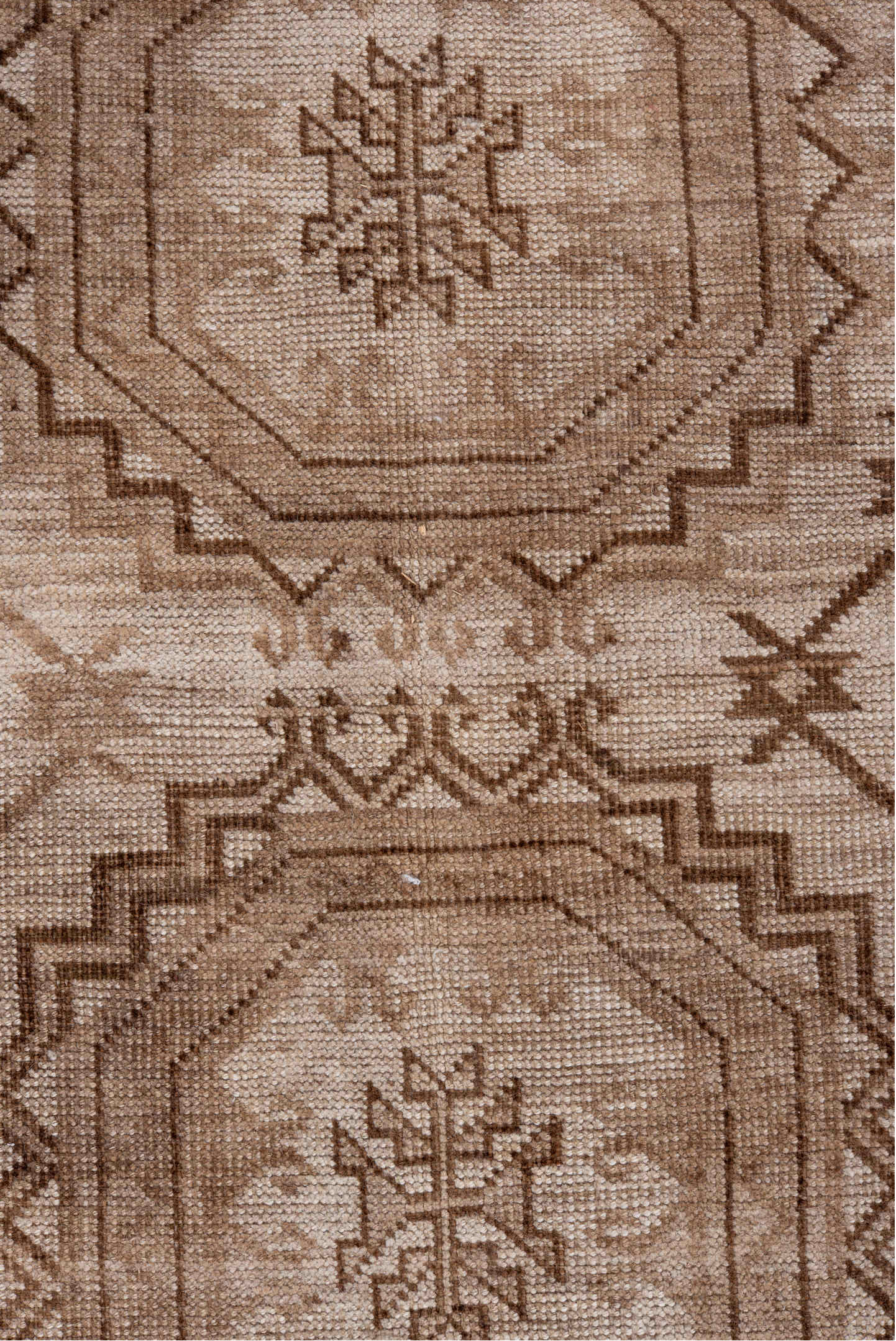 7' x 10' one-of-a-kind handmade vintage Afghan large size rug. Color palette: brown, gray, light gray, linen, misty rose