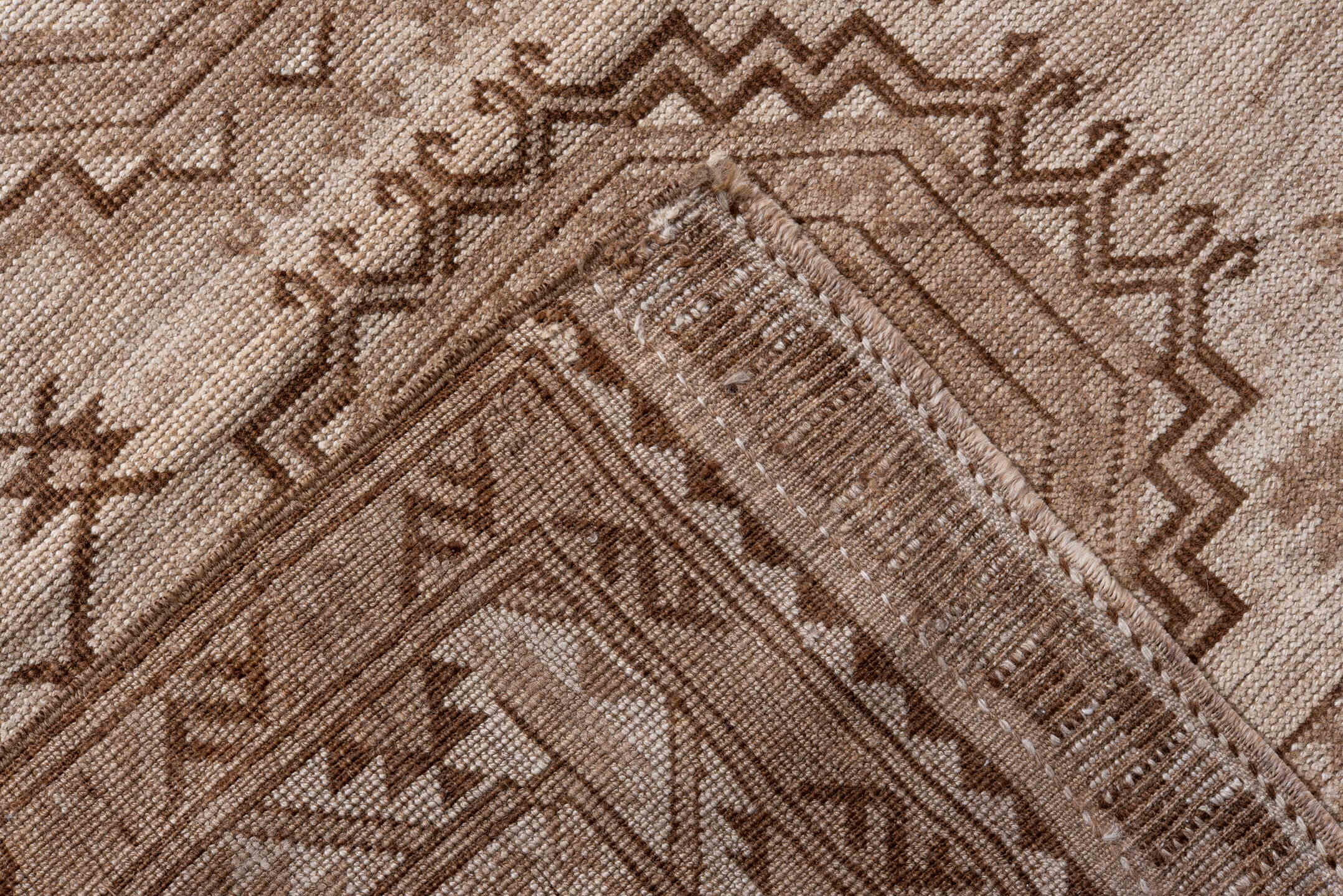 7' x 10' one-of-a-kind handmade antique Afghan large size rug. Color palette: taupe, camel, ivory, brown, beige, gray