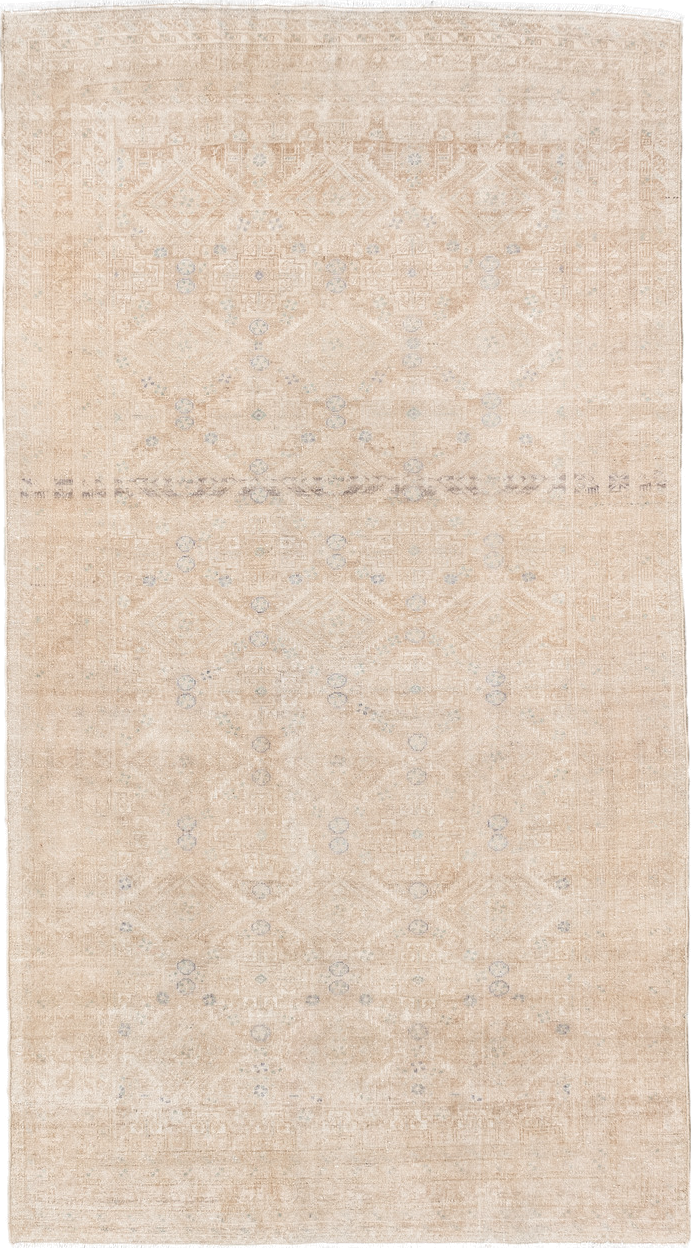 3' x 5' one-of-a-kind handmade vintage Belouch small size rug. Color palette: antiquewhite, blanched almond, brown, gray