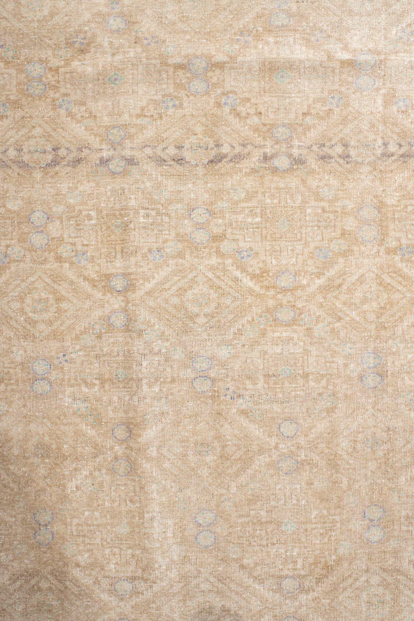 3' x 5' one-of-a-kind handmade antique Belouch small size rug. Color palette: ivory, sand, beige, pale blue, taupe, camel