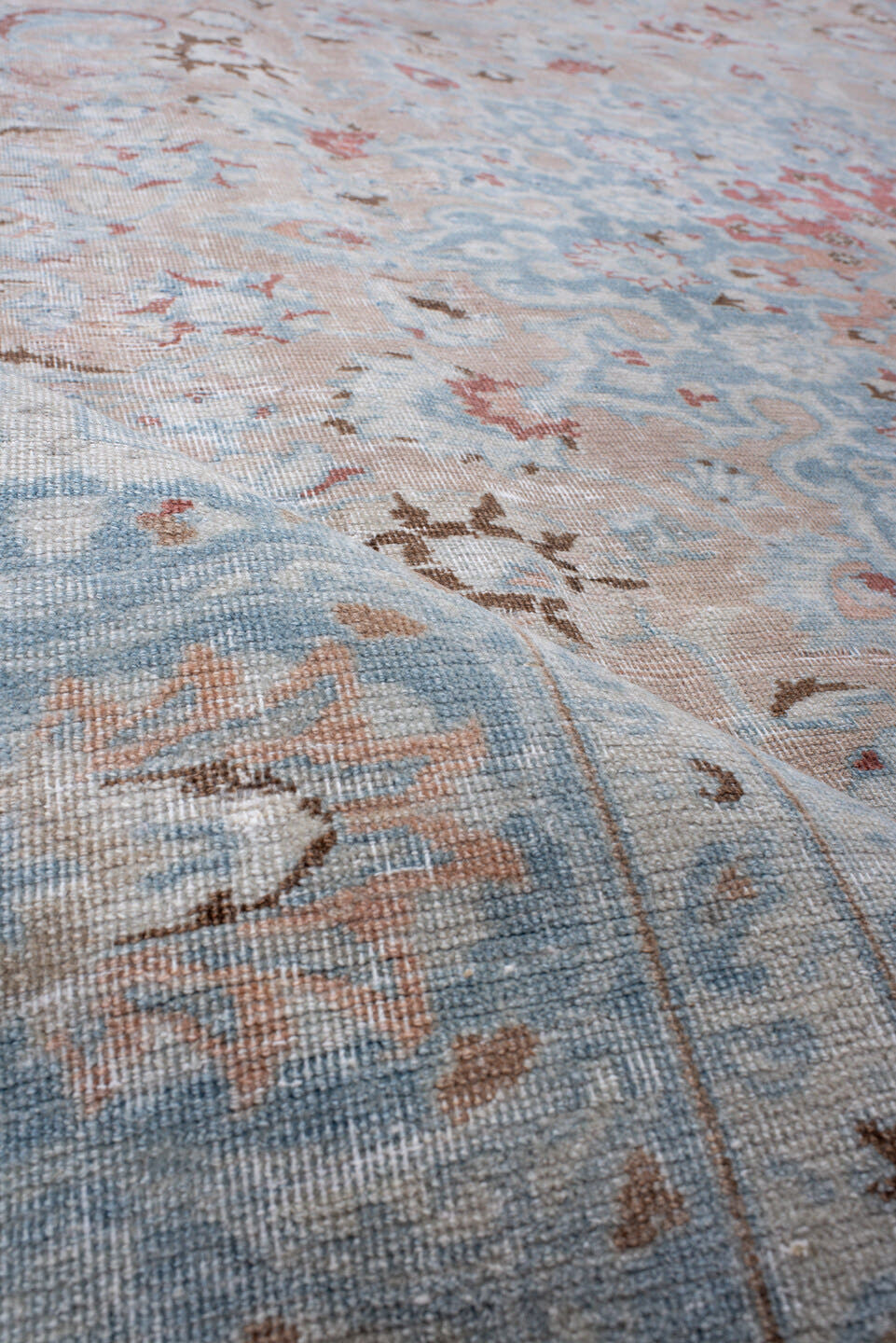 8' x 10' one-of-a-kind handmade antique Tabriz large size rug. Color palette: pale blue, ivory, blush, taupe, muted rust