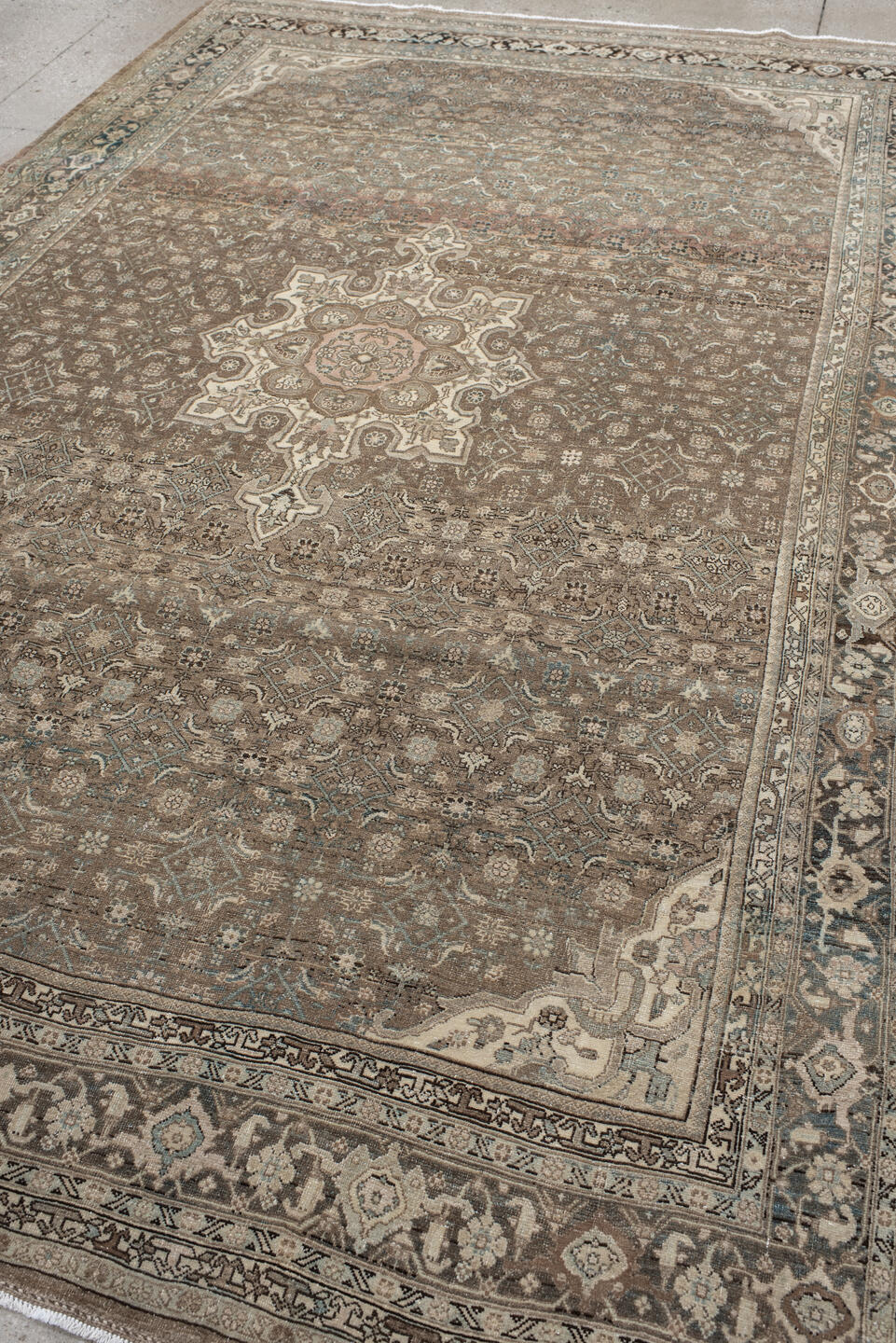 7' x 10' one-of-a-kind handmade antique Bidjar large size rug. Color palette: taupe, ivory, slate, charcoal, rose, beige