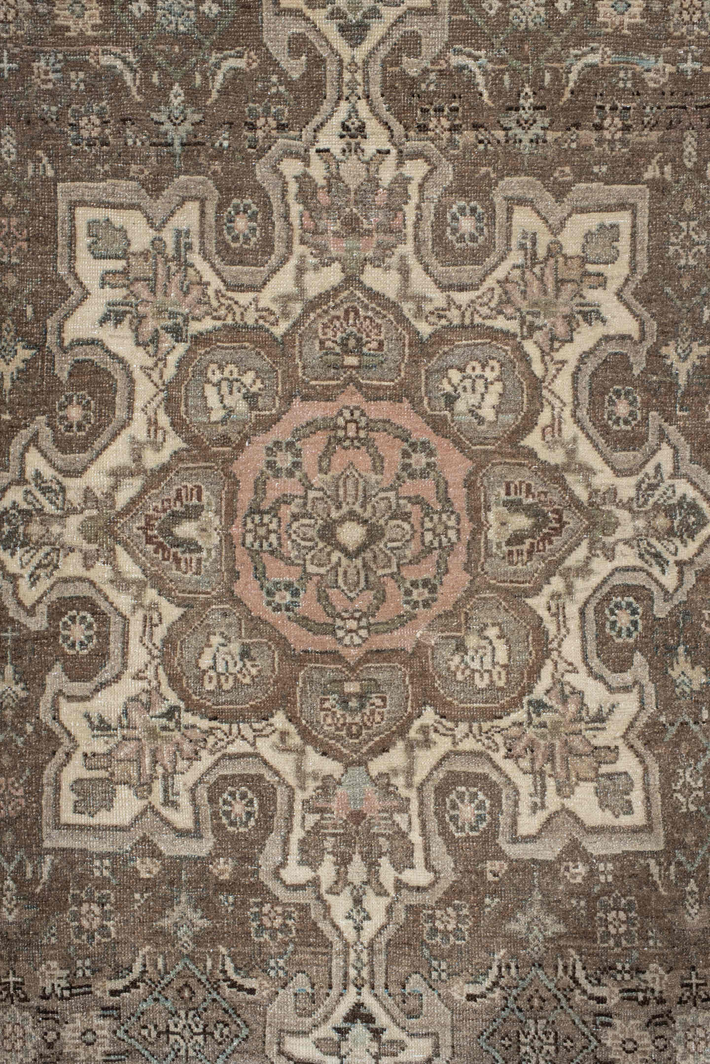 7' x 10' one-of-a-kind handmade antique Bidjar large size rug. Color palette: taupe, ivory, slate, charcoal, rose, beige