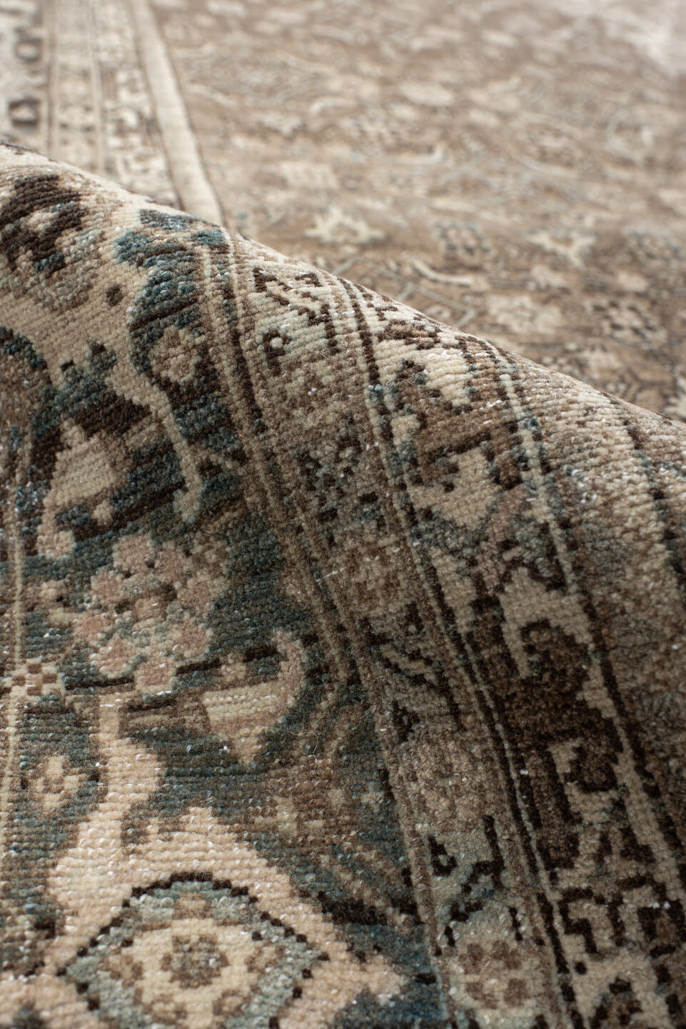 7' x 10' one-of-a-kind handmade antique Bidjar large size rug. Color palette: taupe, ivory, slate, charcoal, rose, beige