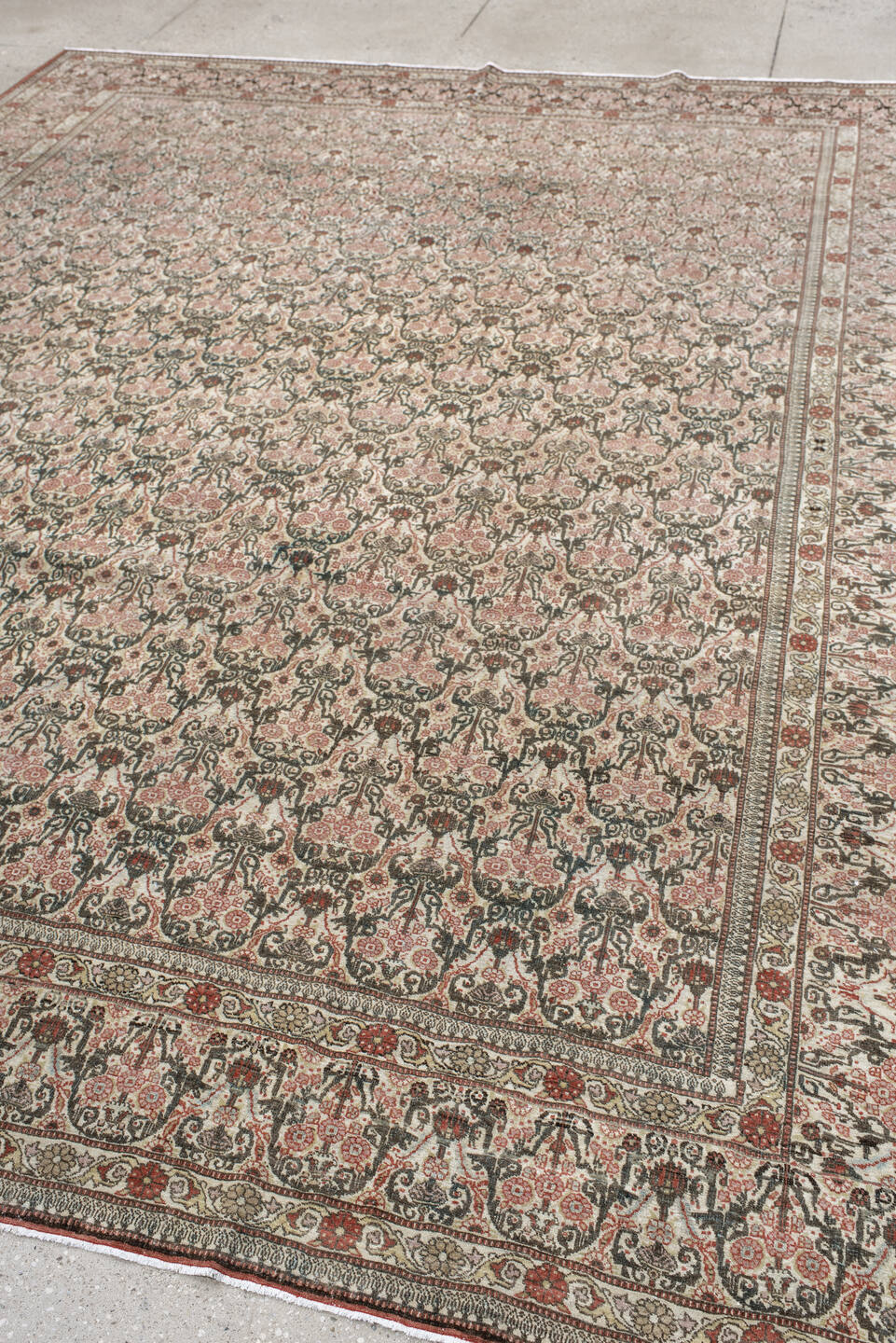 8' x 11' one-of-a-kind handmade vintage Tehran large size rug. Color palette: brown, floral white, gray, light gray, linen