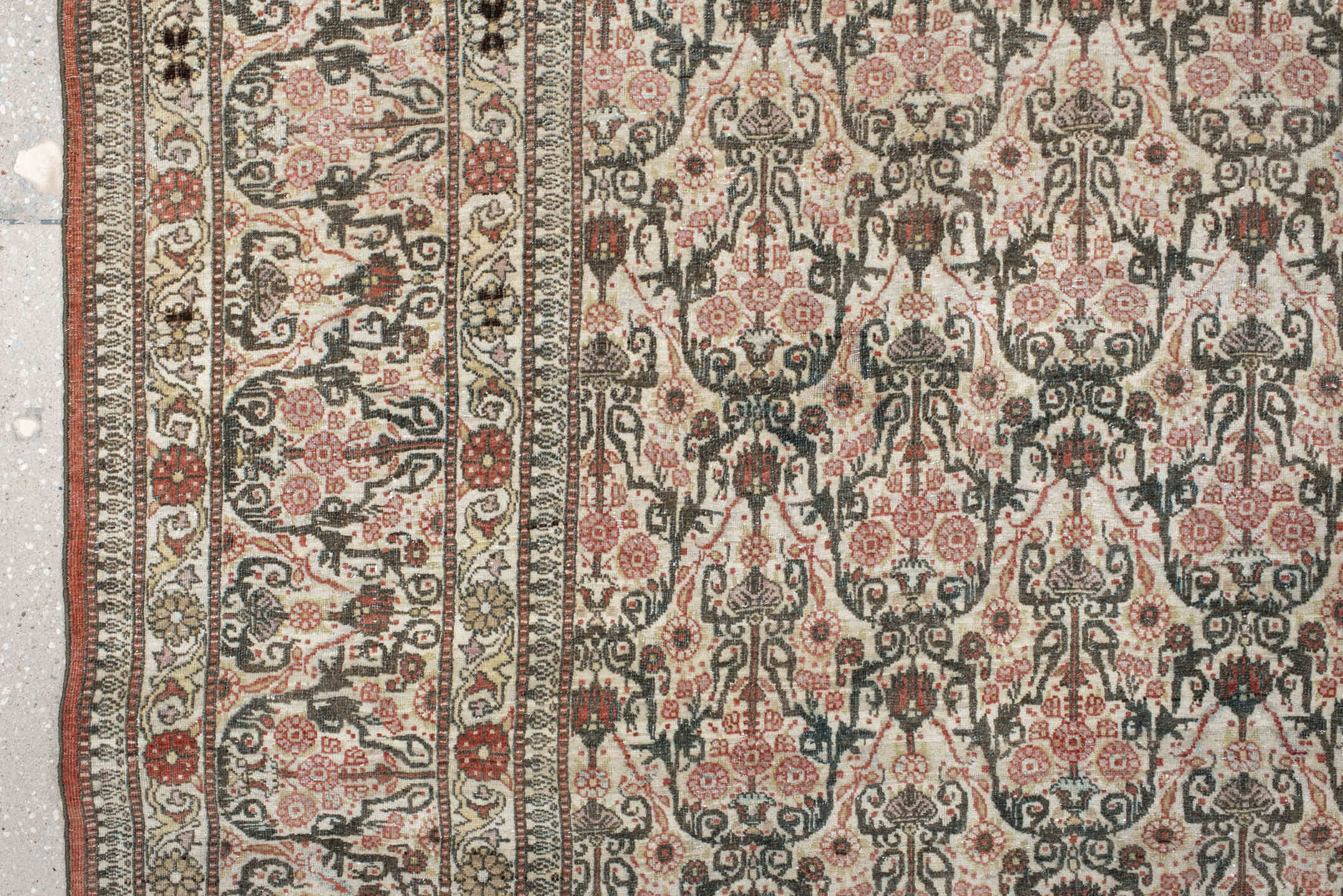 8' x 11' one-of-a-kind handmade vintage Tehran large size rug. Color palette: brown, floral white, gray, light gray, linen