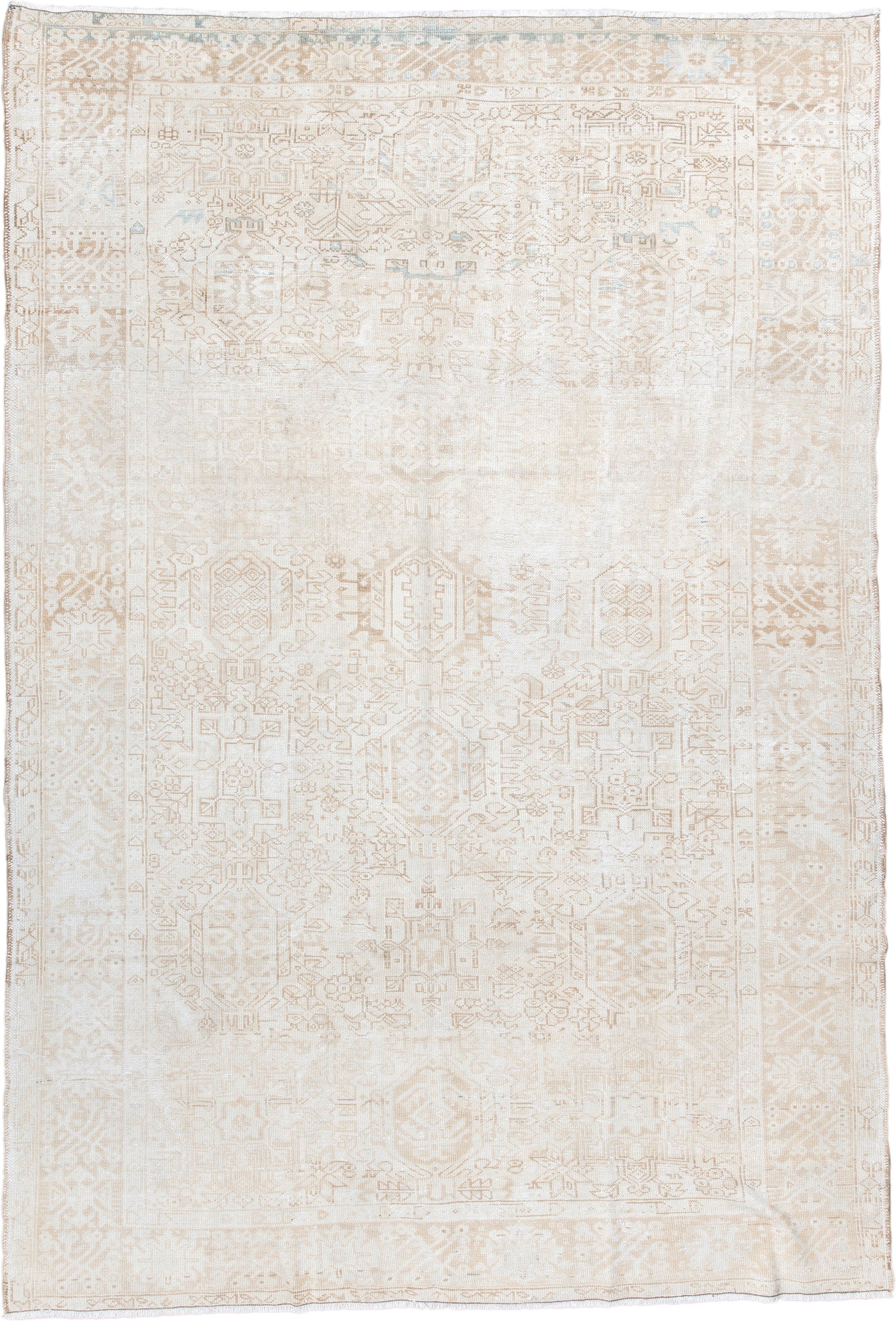 7' x 10' one-of-a-kind handmade antique Heriz large size rug. Color palette: ivory, cream, beige, sand, pale blue, taupe