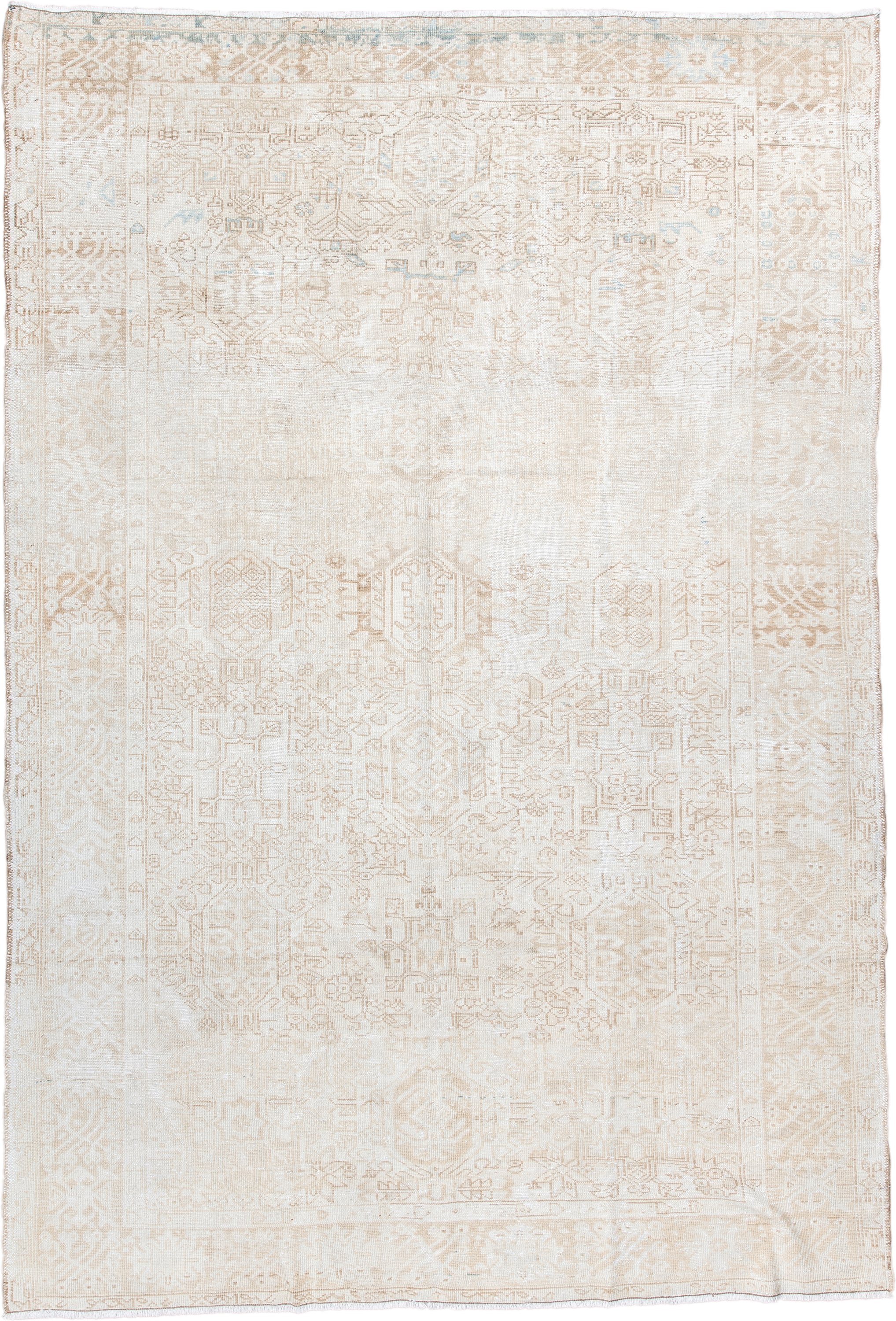 7' x 10' one-of-a-kind handmade antique Heriz large size rug. Color palette: ivory, cream, beige, sand, pale blue, taupe