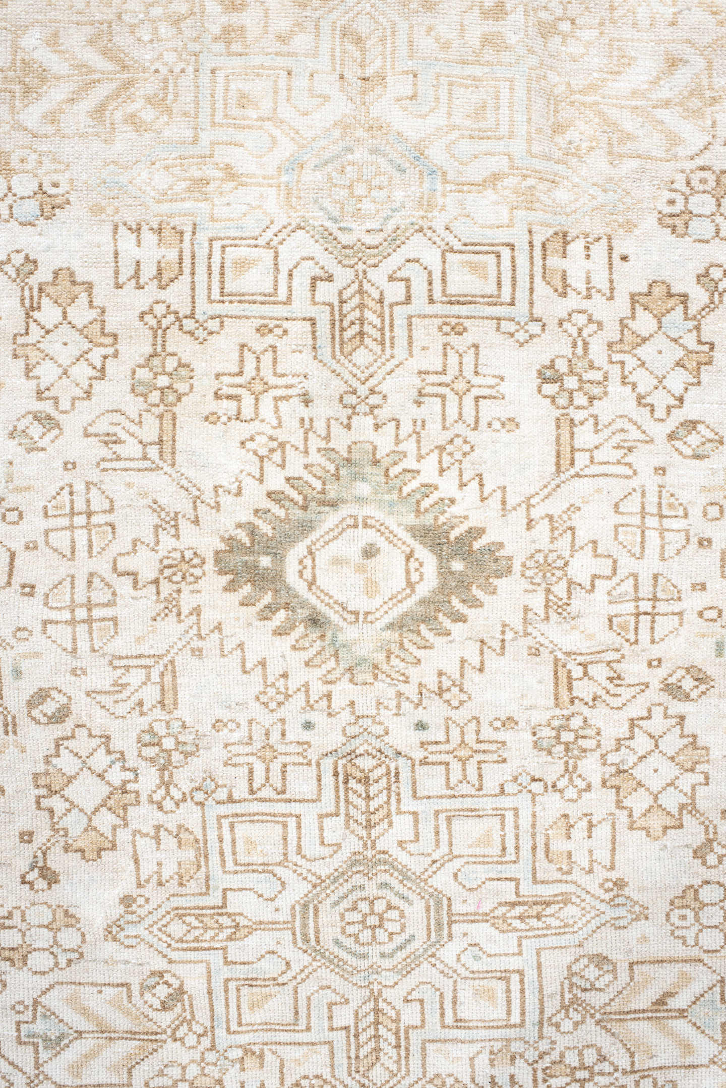 4' x 8' one-of-a-kind handmade antique Karaje rug. Color palette: ivory, beige, sage, taupe, camel, pale blue, green, gray