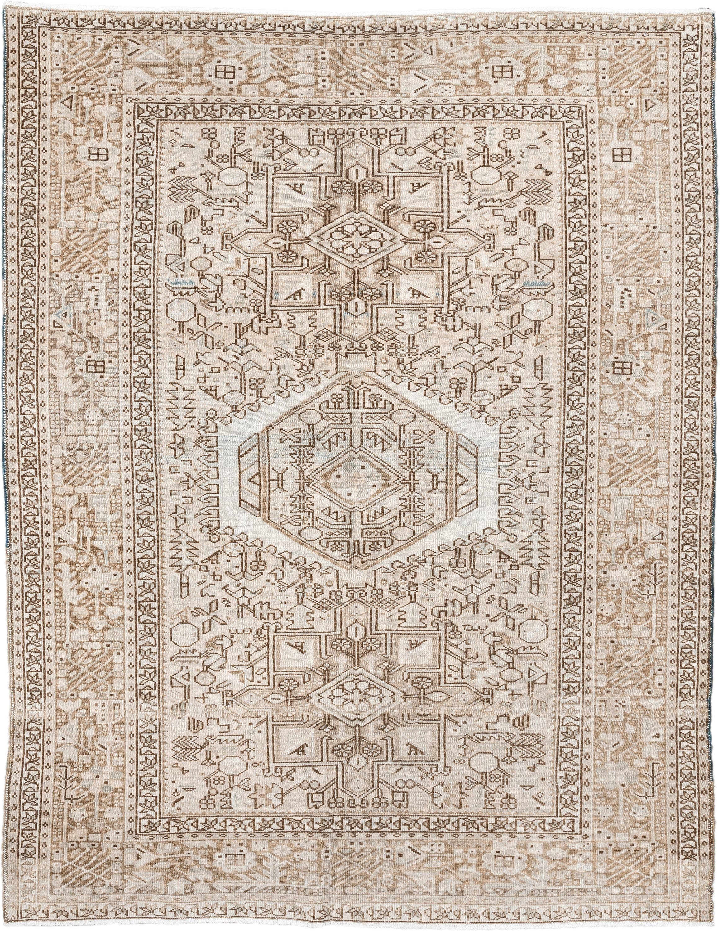 5' x 6' one-of-a-kind handmade antique Karaje rug. Color palette: ivory, taupe, beige, camel, sand, light brown, gray, brown
