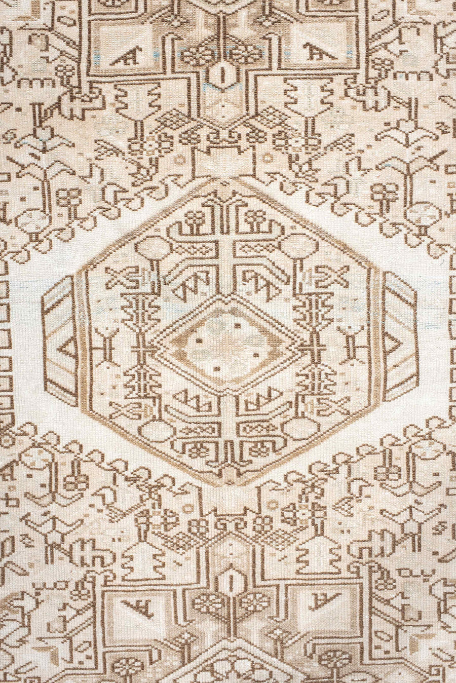 5' x 6' one-of-a-kind handmade antique Karaje rug. Color palette: ivory, taupe, beige, camel, sand, light brown, gray, brown