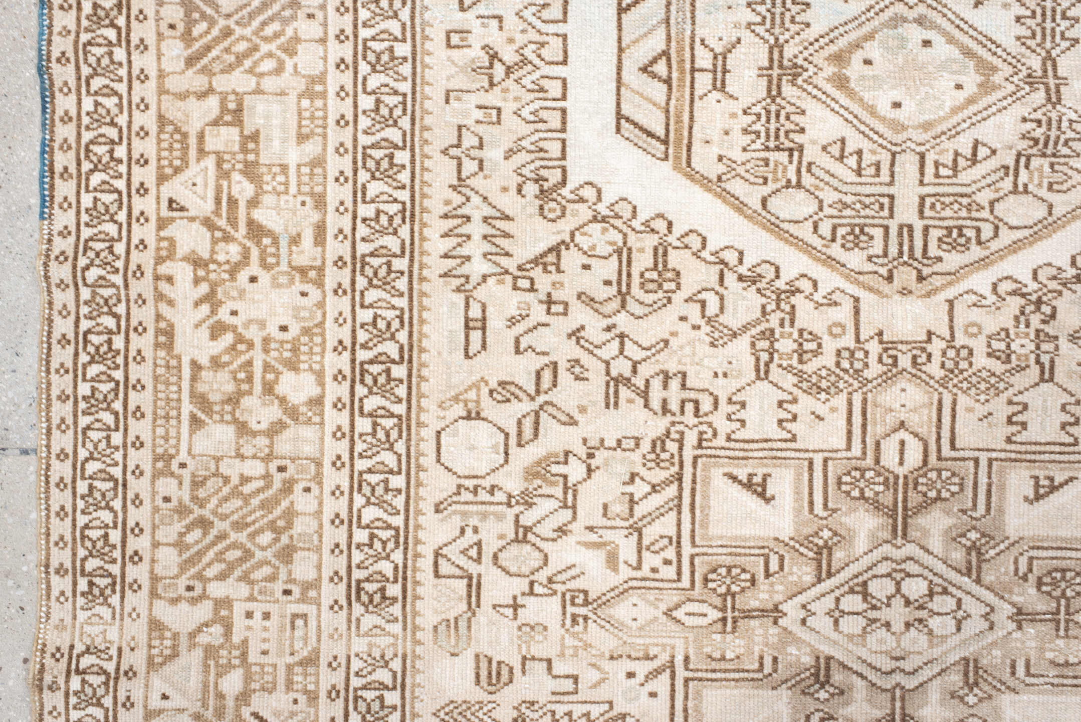 5' x 6' one-of-a-kind handmade antique Karaje rug. Color palette: ivory, taupe, beige, camel, sand, light brown, gray, brown