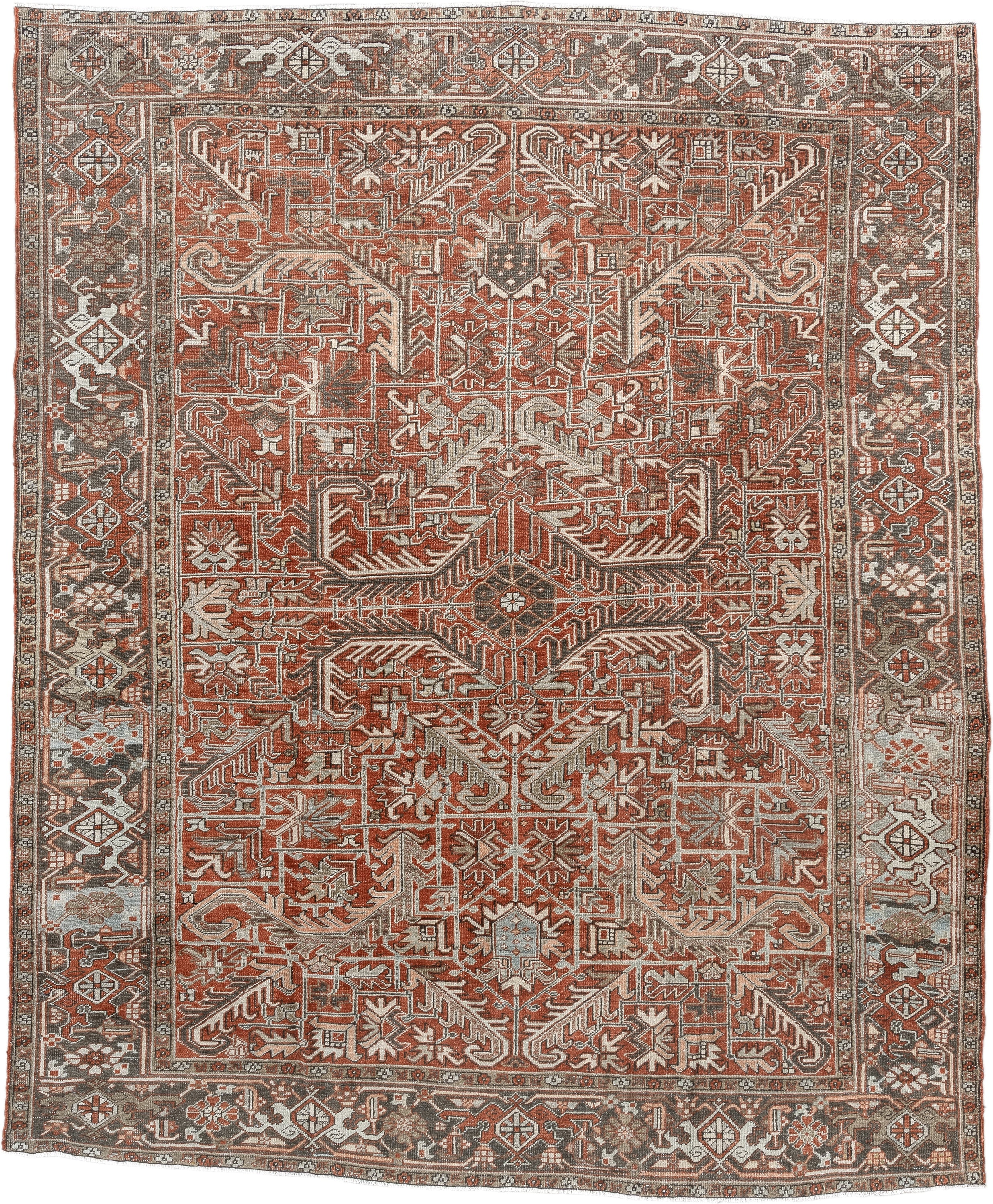 8' x 9' one-of-a-kind handmade antique Heriz rug. Color palette: terra cotta, ivory, taupe, brown, charcoal, rust
