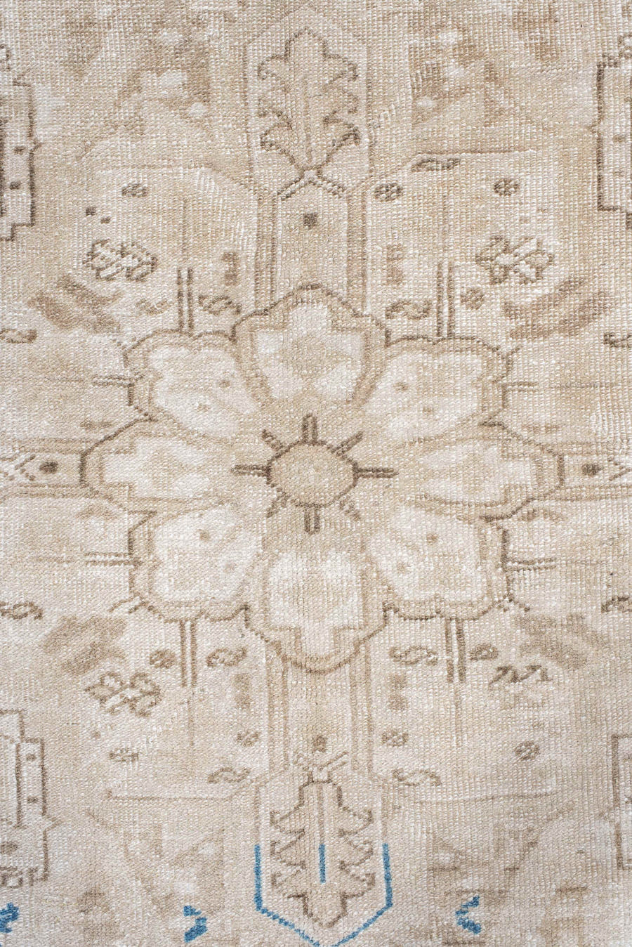 9' x 12' one-of-a-kind handmade antique Heriz large size rug. Color palette: ivory, beige, taupe, sky blue, camel, gray