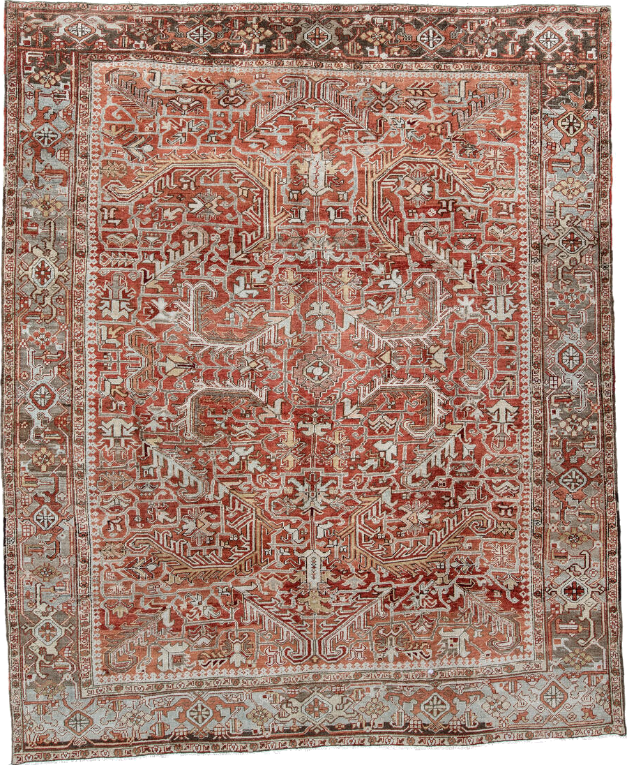 8' x 10' one-of-a-kind handmade vintage large size rug. Color palette: brown, gray, light gray, off-white, pink, red