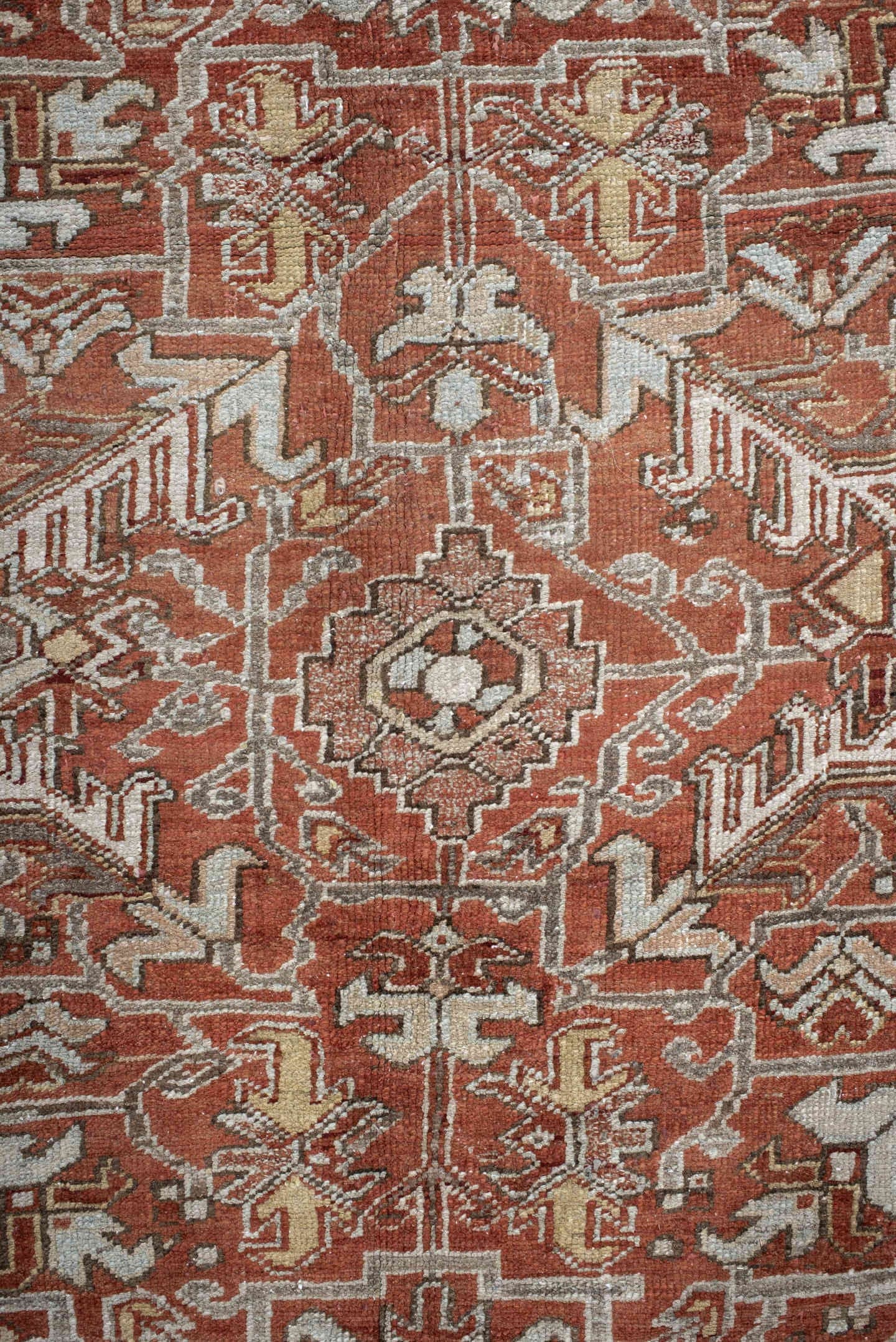 8' x 10' one-of-a-kind handmade antique large size rug. Color palette: terra cotta, ivory, pale blue, rust, taupe, brown
