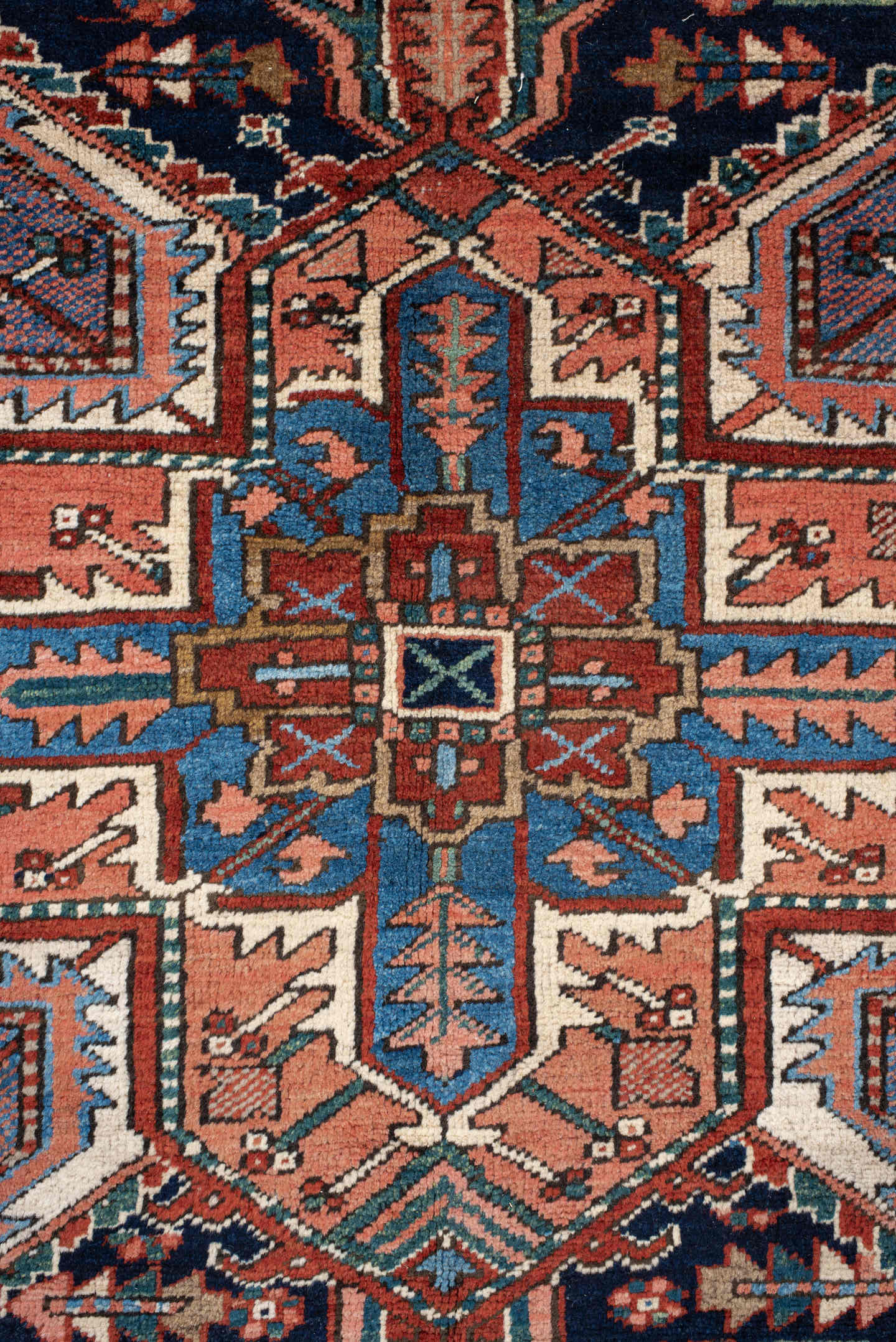 6' x 9' one-of-a-kind handmade vintage Heriz medium size rug. Color palette: rust, ivory, navy, sky blue, coral, teal, sage
