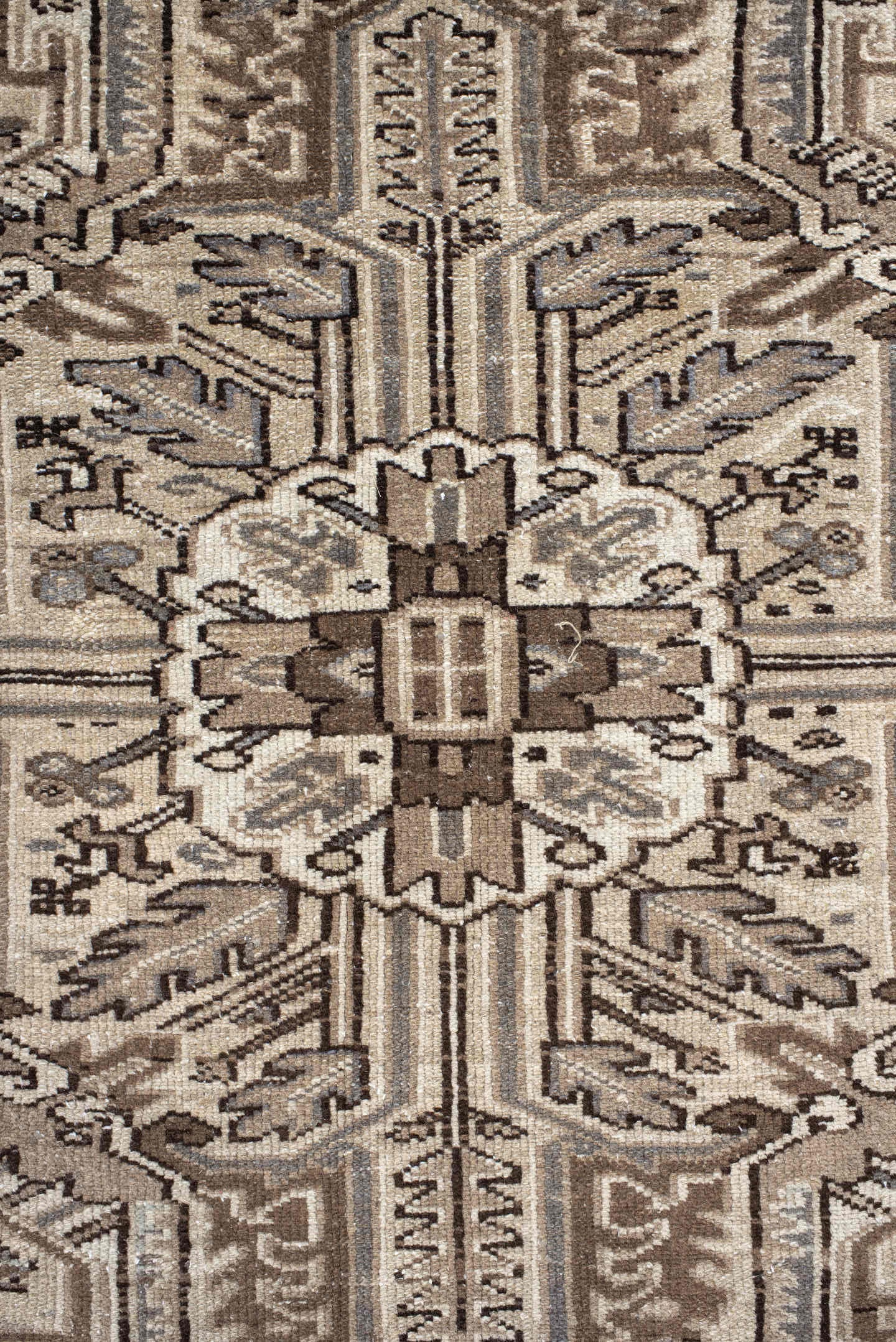 7' x 11' one-of-a-kind handmade antique Karaje large size rug. Color palette: taupe, ivory, brown, pale_blue, camel