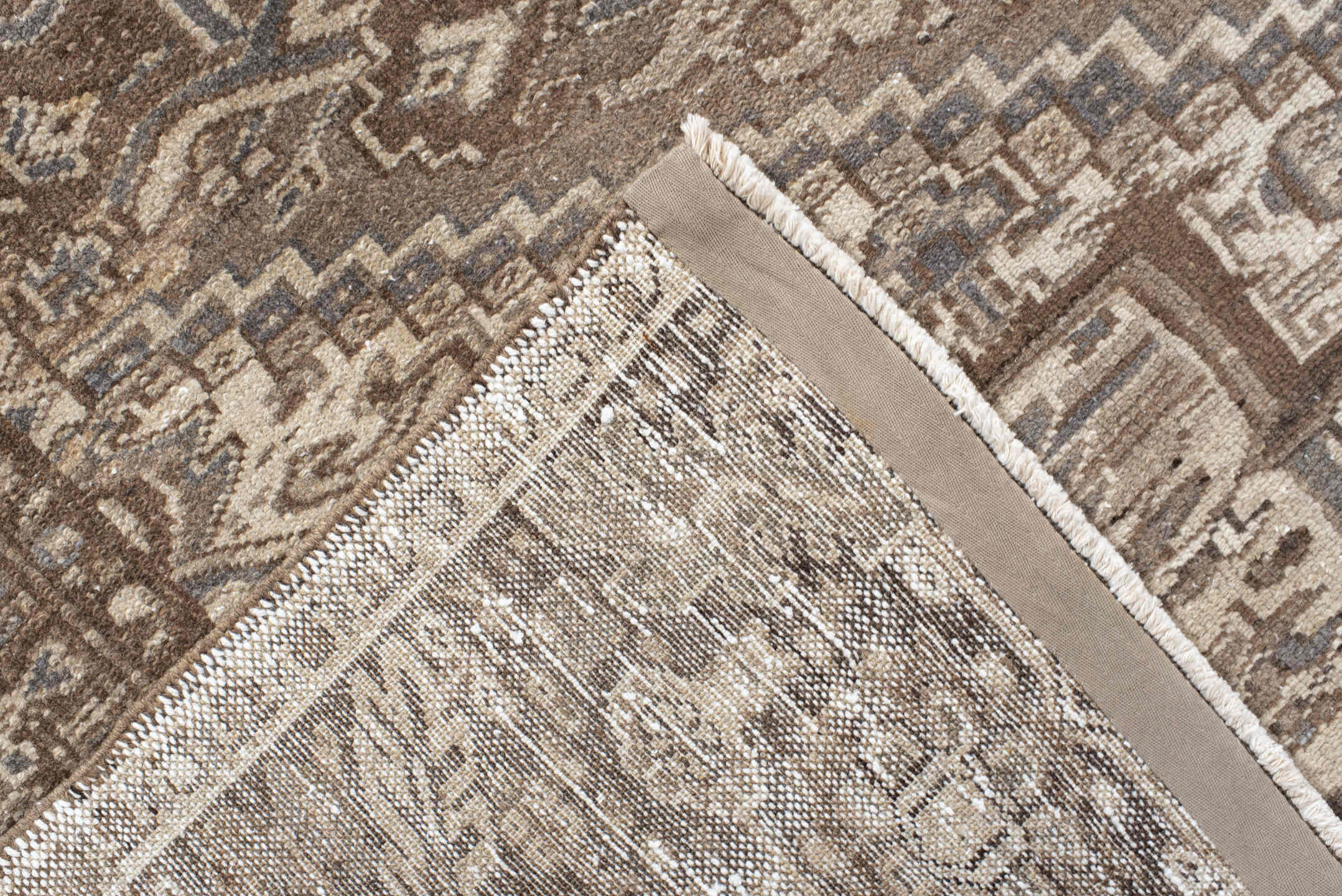 7' x 11' one-of-a-kind handmade antique Karaje large size rug. Color palette: taupe, ivory, brown, pale_blue, camel