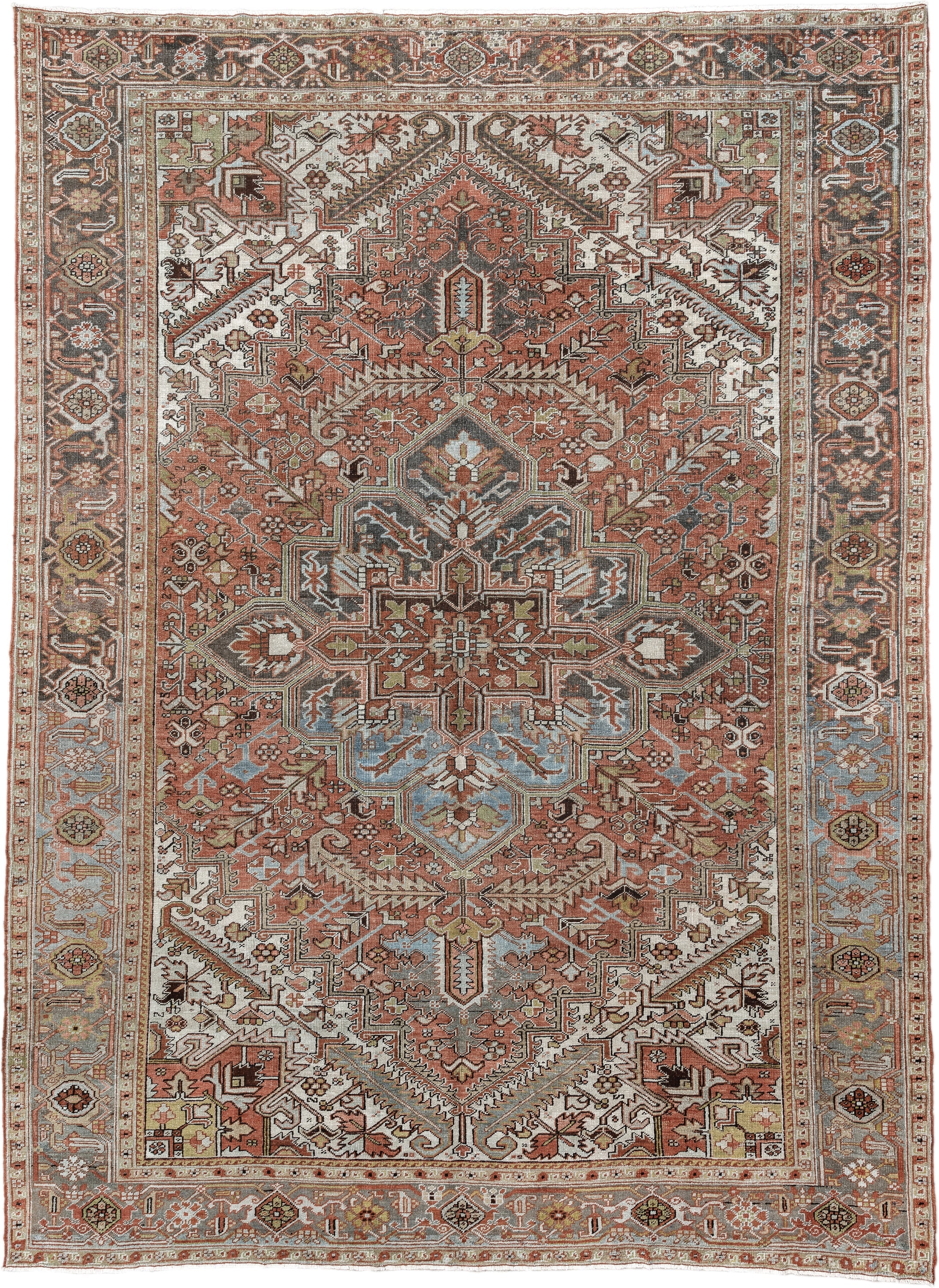 8' x 11' one-of-a-kind handmade vintage Heriz large size rug. Color palette: terra cotta, ivory, sky blue, charcoal, taupe