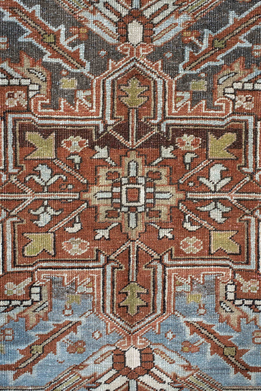 8' x 11' one-of-a-kind handmade vintage Heriz large size rug. Color palette: terra cotta, ivory, sky blue, charcoal, taupe