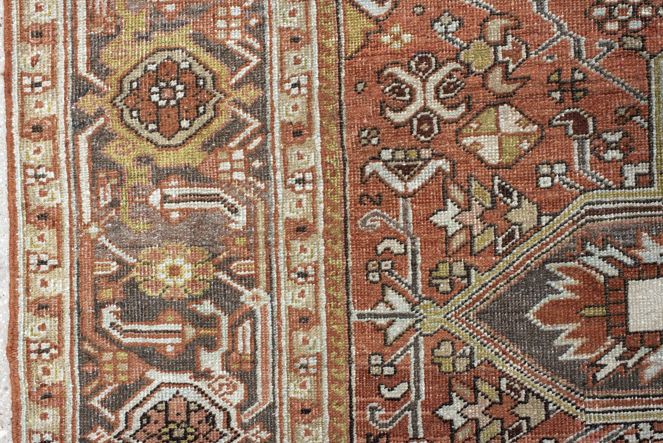 8' x 11' one-of-a-kind handmade vintage Heriz large size rug. Color palette: terra cotta, ivory, sky blue, charcoal, taupe