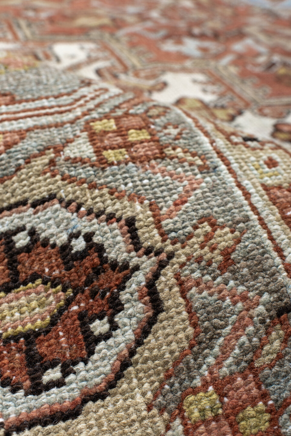 8' x 11' one-of-a-kind handmade vintage Heriz large size rug. Color palette: terra cotta, ivory, sky blue, charcoal, taupe