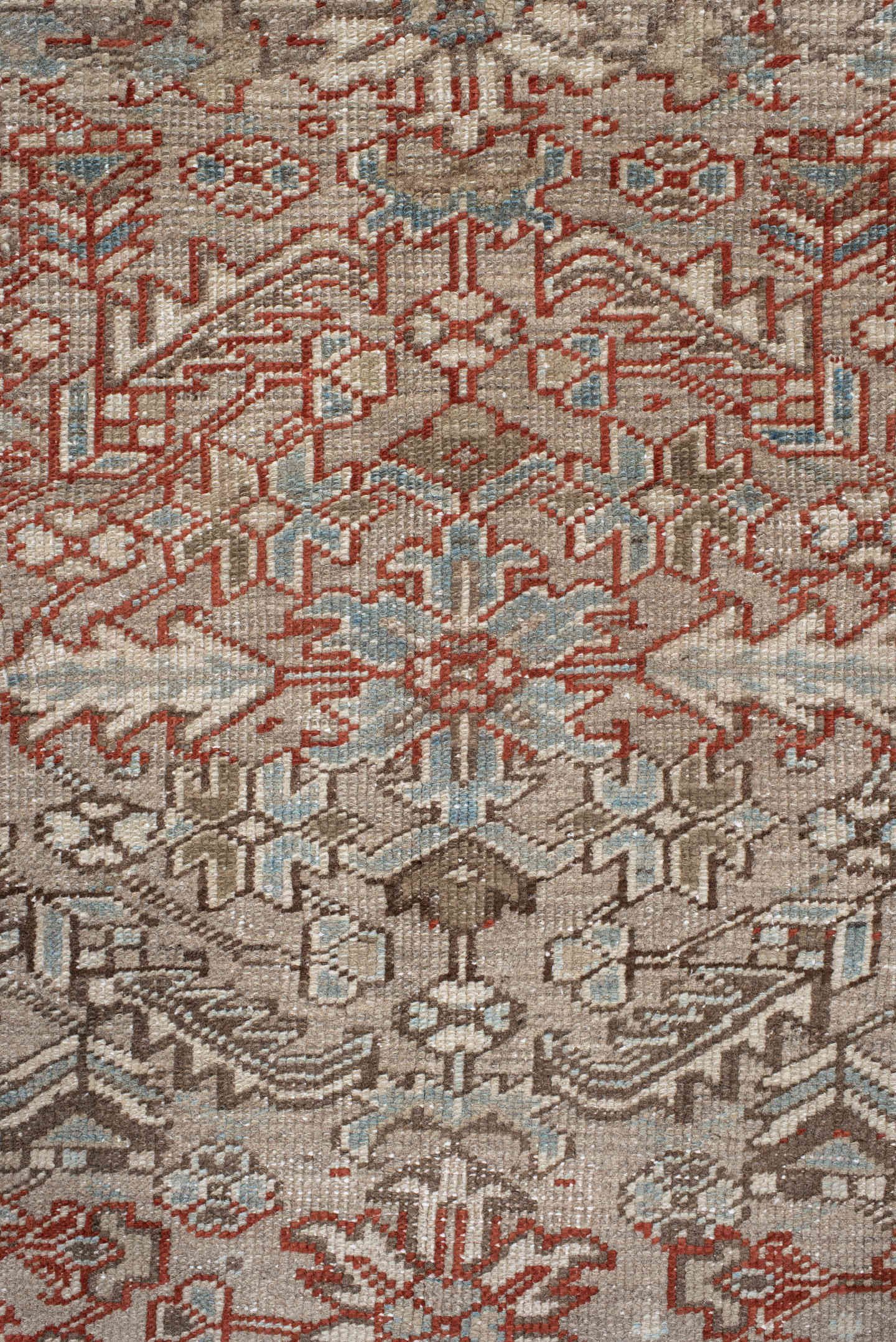 7' x 8' one-of-a-kind handmade antique Heriz rug. Color palette: ivory, taupe, charcoal, slate, rust, cream, blue_gray