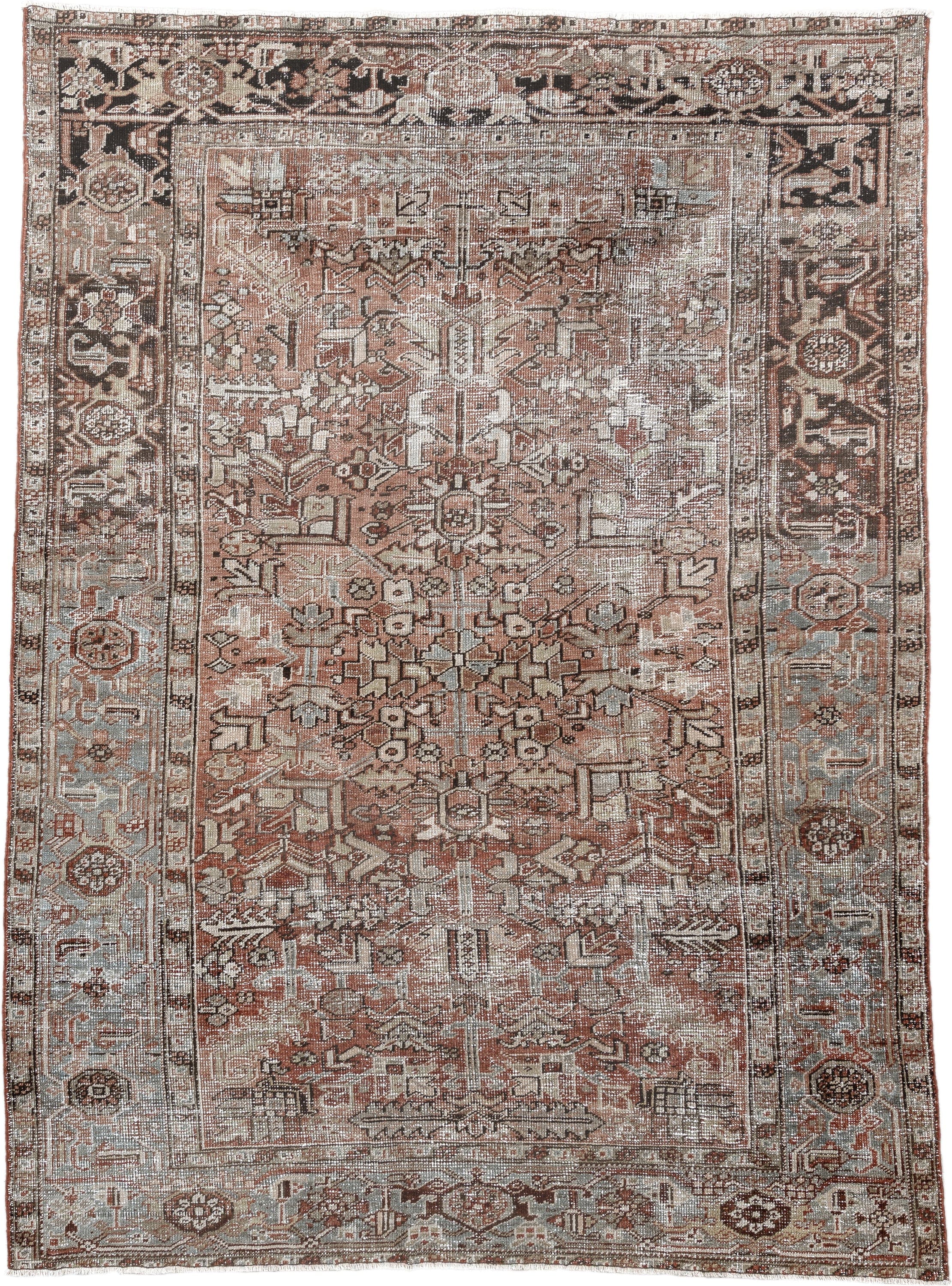 6' x 9' one-of-a-kind handmade antique Heriz medium size rug. Color palette: terra cotta, ivory, taupe, charcoal, slate
