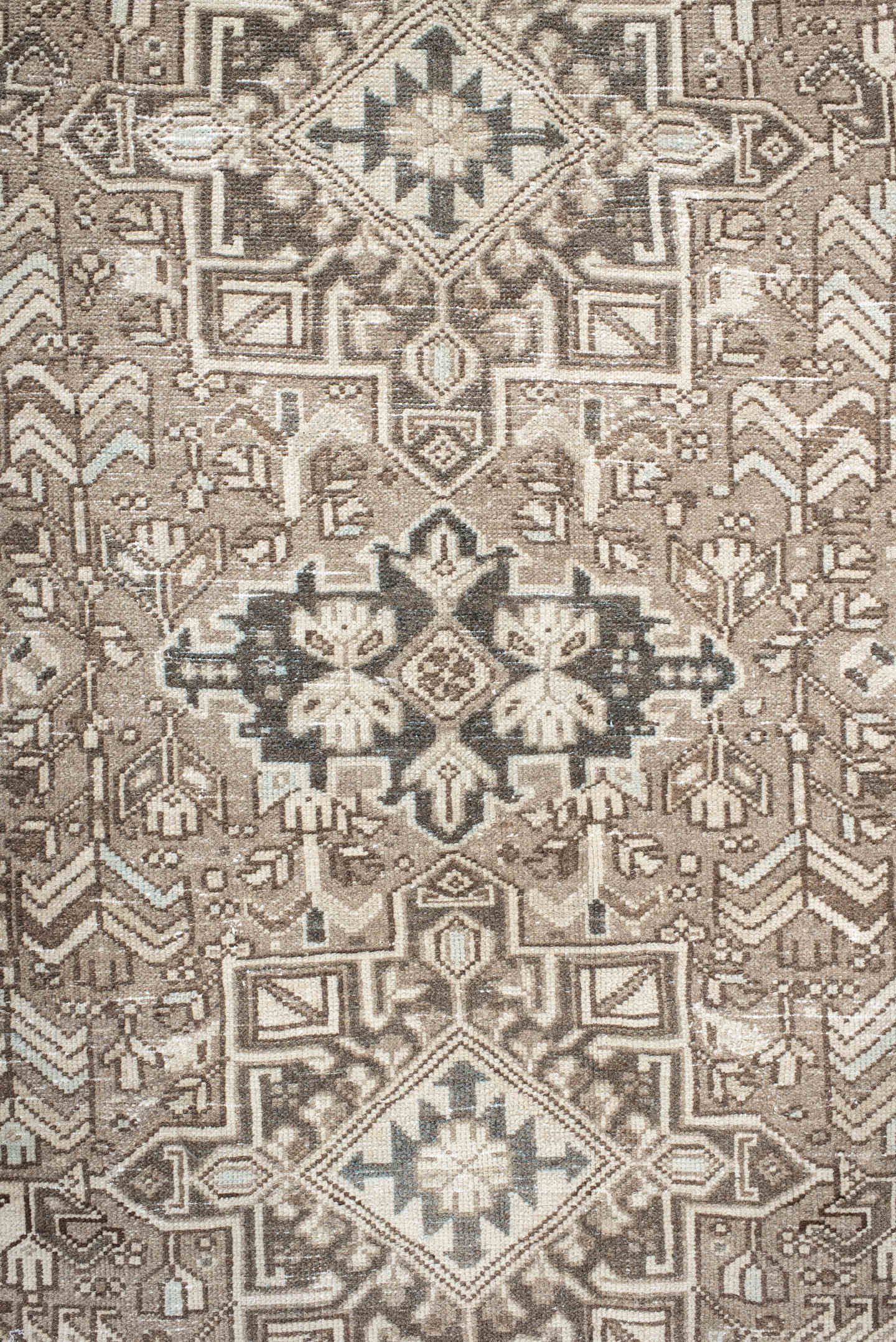 4' x 12' one-of-a-kind handmade antique Karaje runner rug. Color palette: taupe, ivory, brown, slate, charcoal, camel, beige