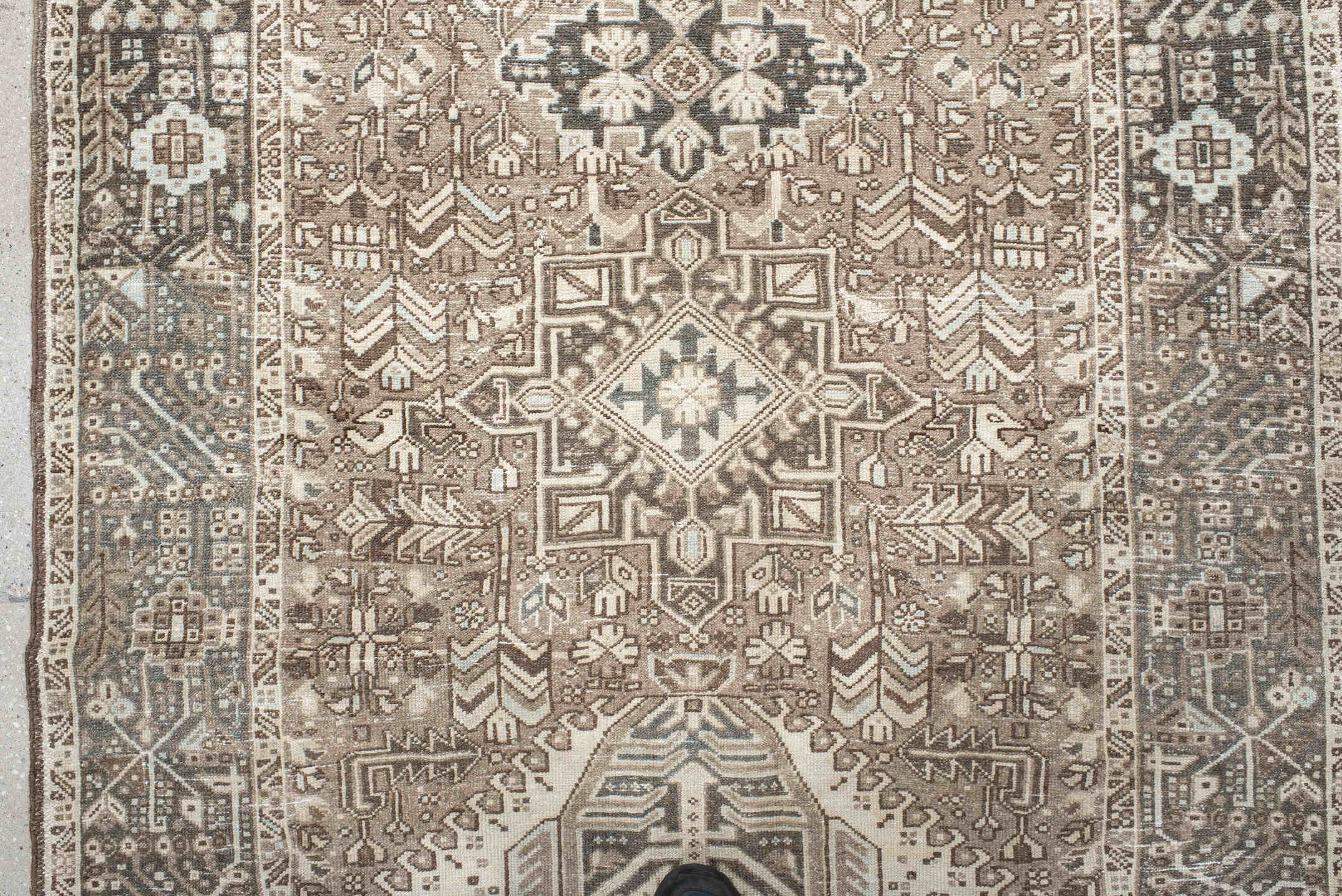 4' x 12' one-of-a-kind handmade antique Karaje runner rug. Color palette: taupe, ivory, brown, slate, charcoal, camel, beige