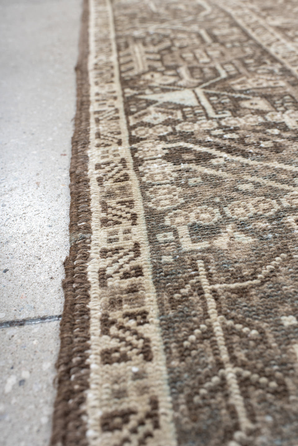 4' x 12' one-of-a-kind handmade antique Karaje runner rug. Color palette: taupe, ivory, brown, slate, charcoal, camel, beige