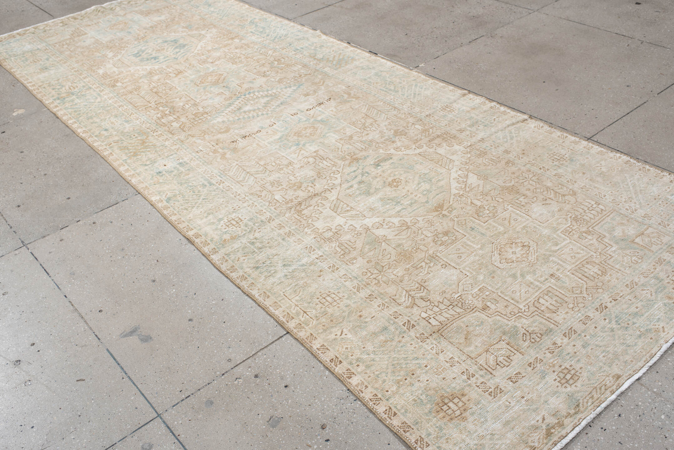 4' x 12' one-of-a-kind handmade antique Karaje runner rug. Color palette: ivory, light blue, beige, sand, taupe, gray