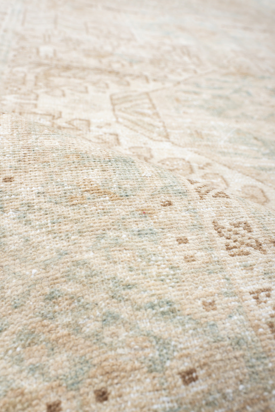 4' x 12' one-of-a-kind handmade antique Karaje runner rug. Color palette: ivory, light blue, beige, sand, taupe, gray