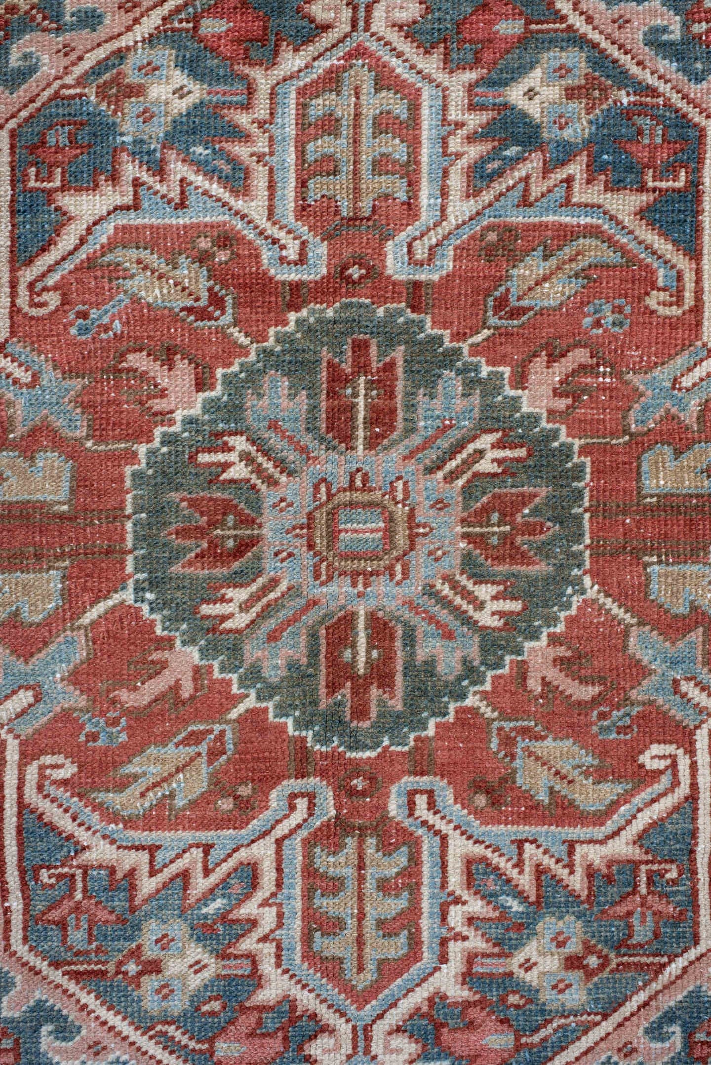 8' x 12' one-of-a-kind handmade antique Heriz large size rug. Color palette: rust, ivory, sky blue, slate, brick, cream