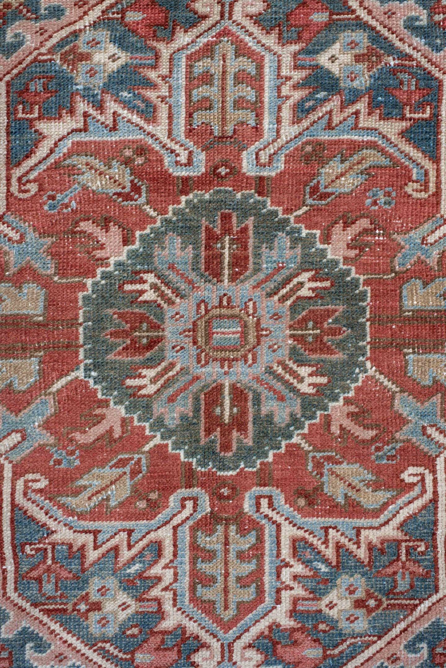 8' x 12' one-of-a-kind handmade antique Heriz large size rug. Color palette: rust, ivory, sky blue, slate, brick, cream